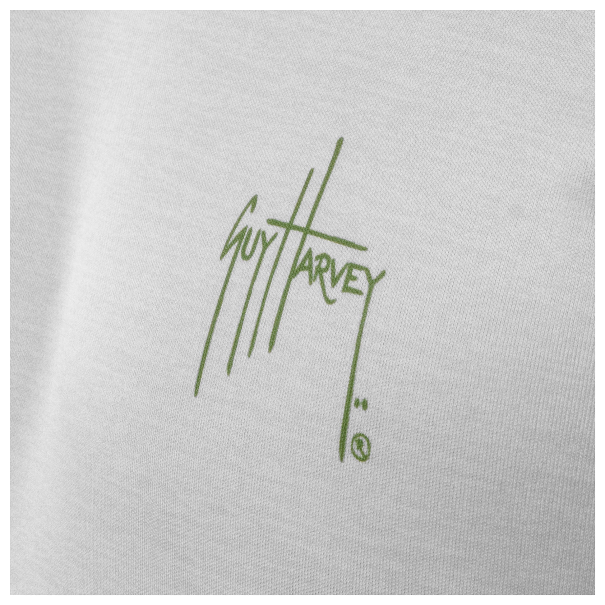 Close-up of chest Guy Harvey signature logo on Men’s Titan Bass Performance Long Sleeve Top