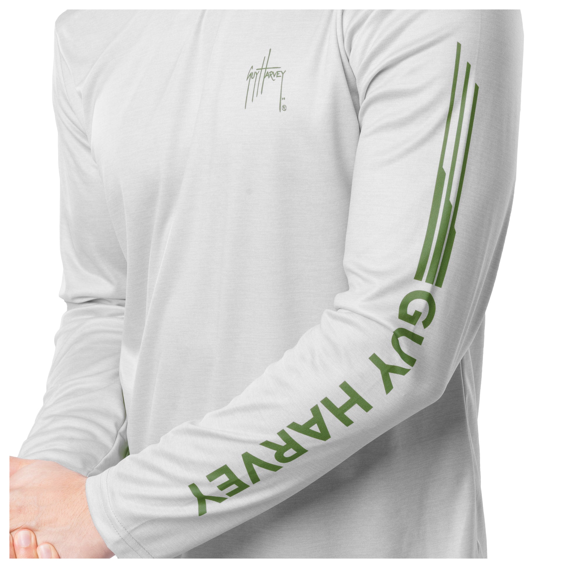 Detail view on the long sleeve showcasing in bold green letters "Guy Harvey"