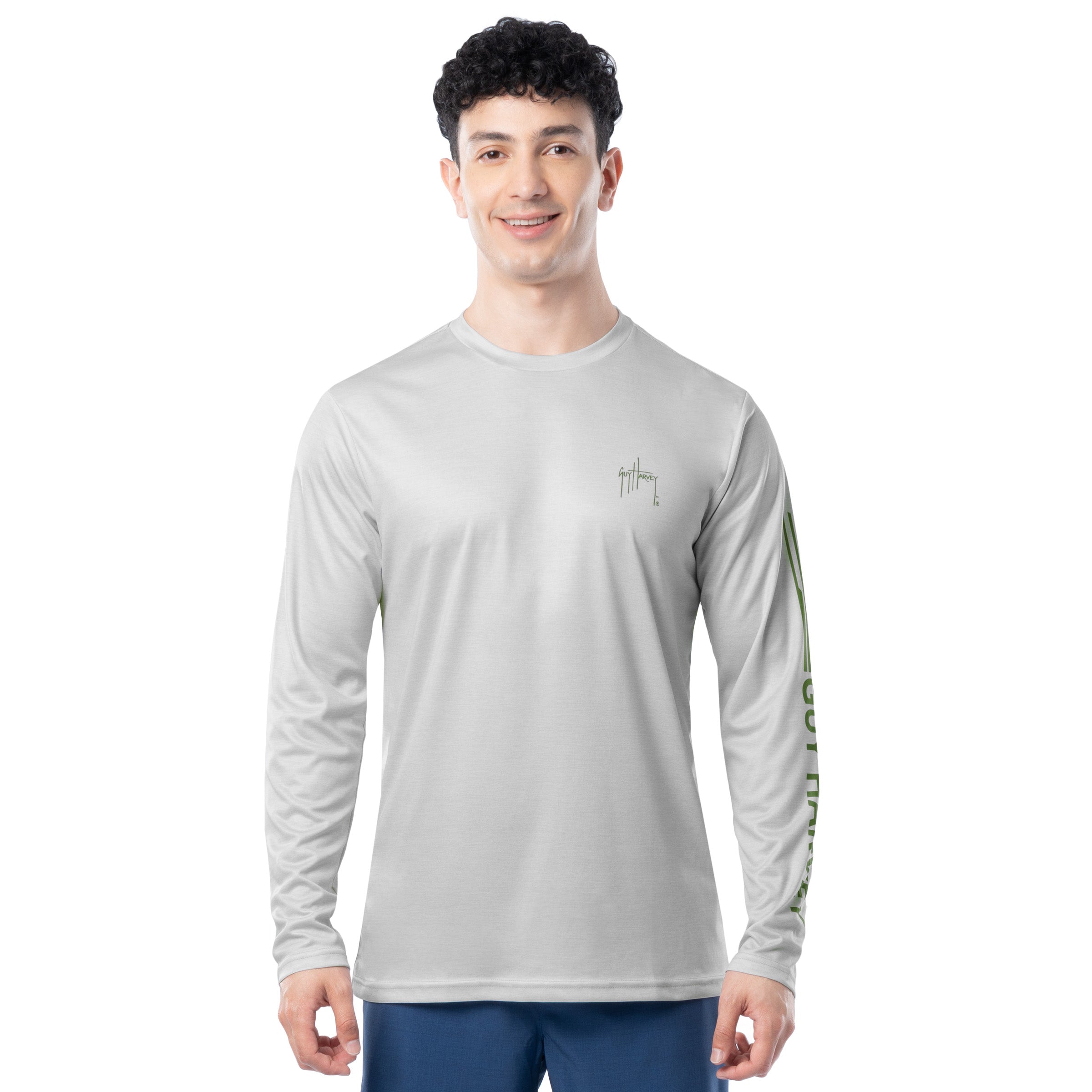 Front view of Guy Harvey Men’s Titan Bass Performance Sun Protection Long Sleeve Top in light gray