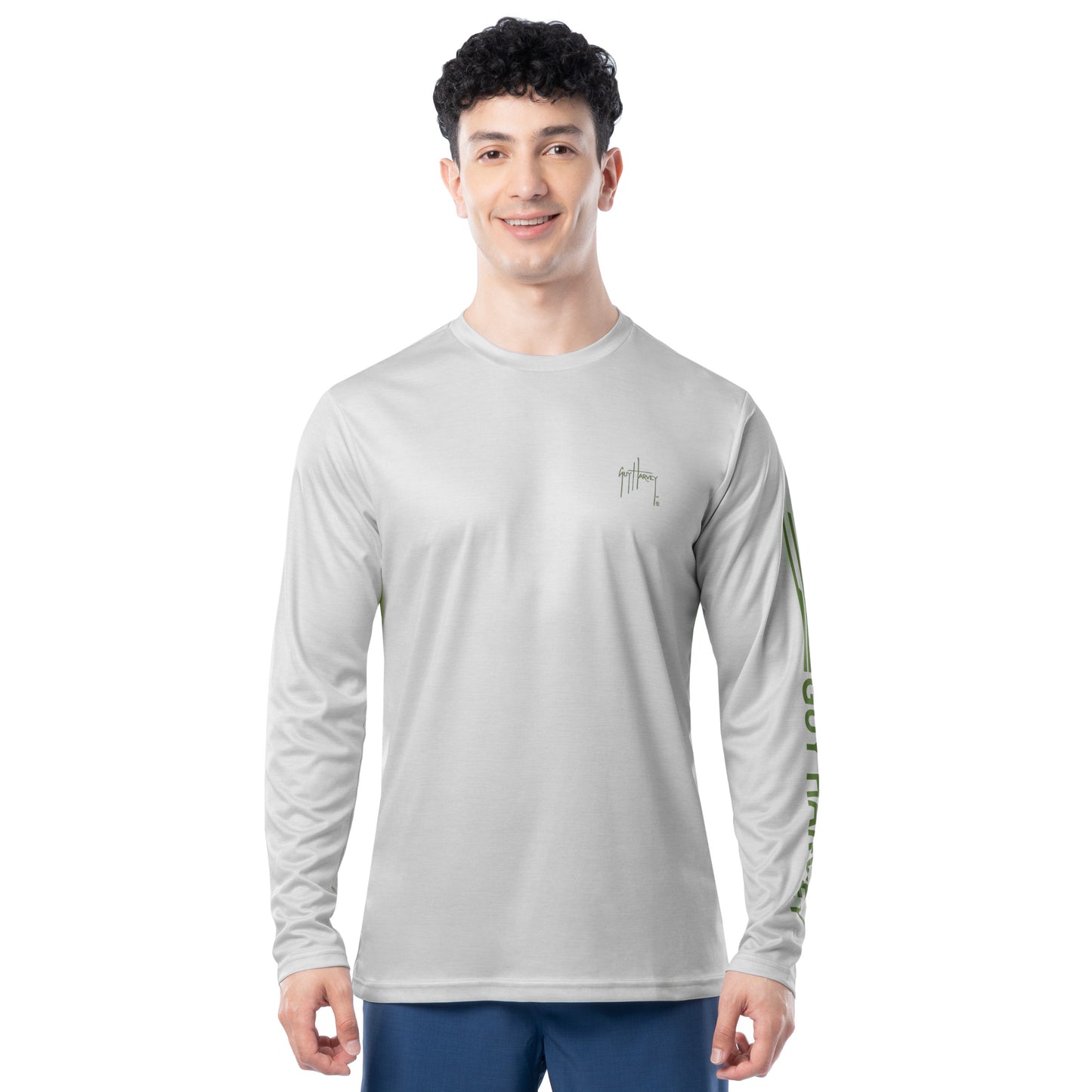 Front view of Guy Harvey Men’s Titan Bass Performance Sun Protection Long Sleeve Top in light gray
