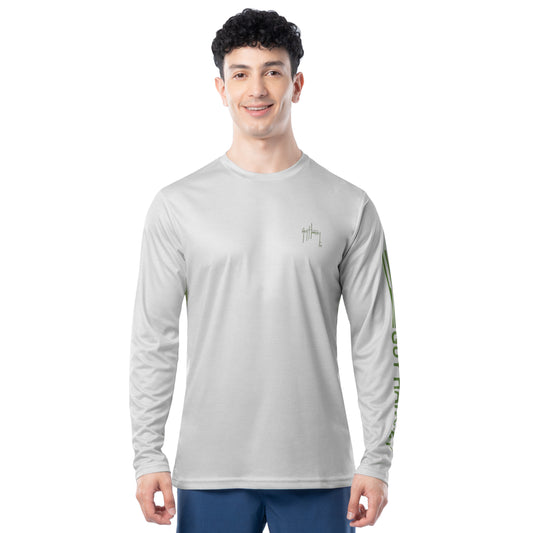 Front view of Guy Harvey Men’s Titan Bass Performance Sun Protection Long Sleeve Top in light gray