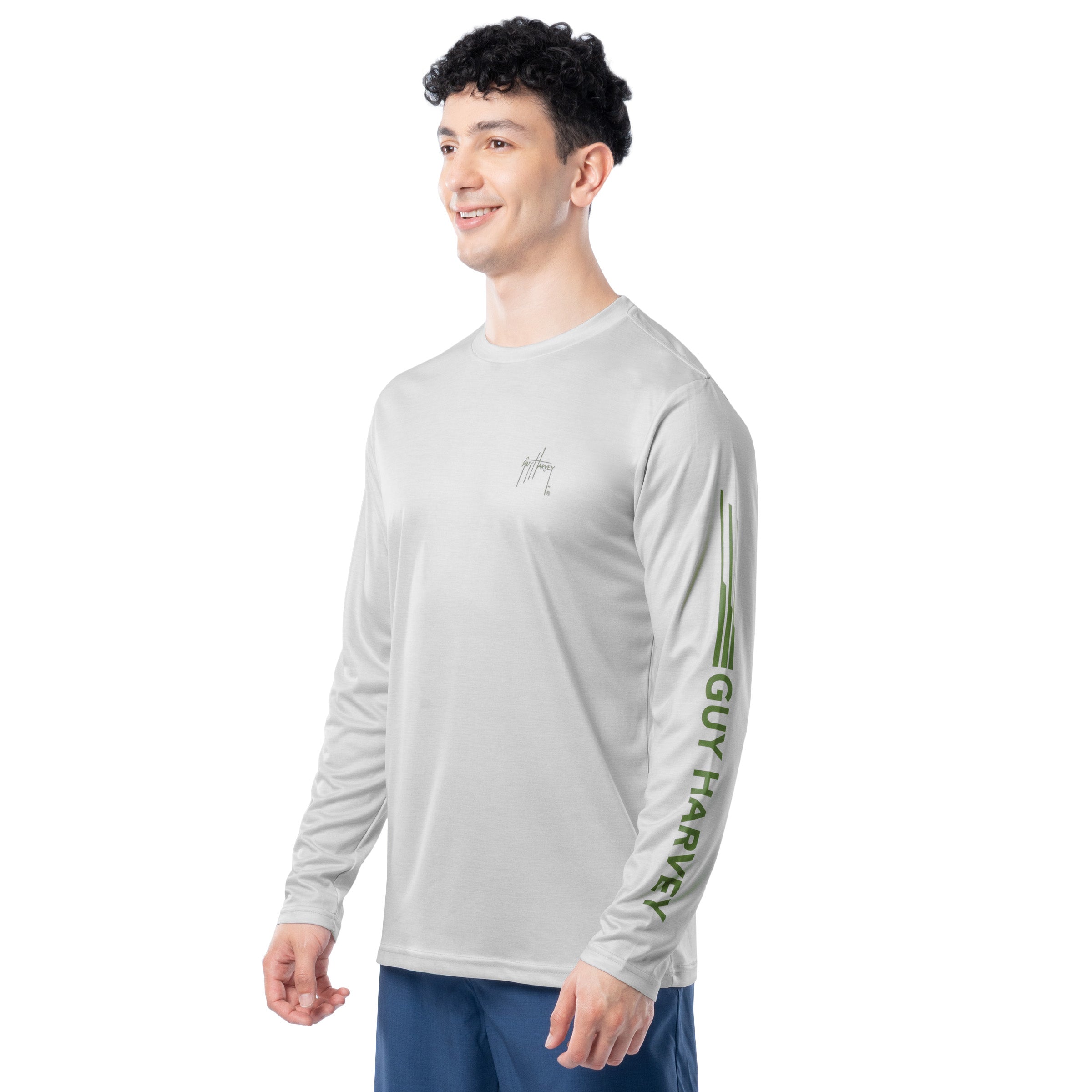 Side profile of Guy Harvey Men’s Titan Bass Performance Sun Protection Shirt showing athletic fit