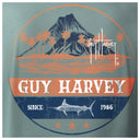 Detailed view of volcano island badge artwork on back of Guy Harvey Men’s Long Sleeve T-Shirt