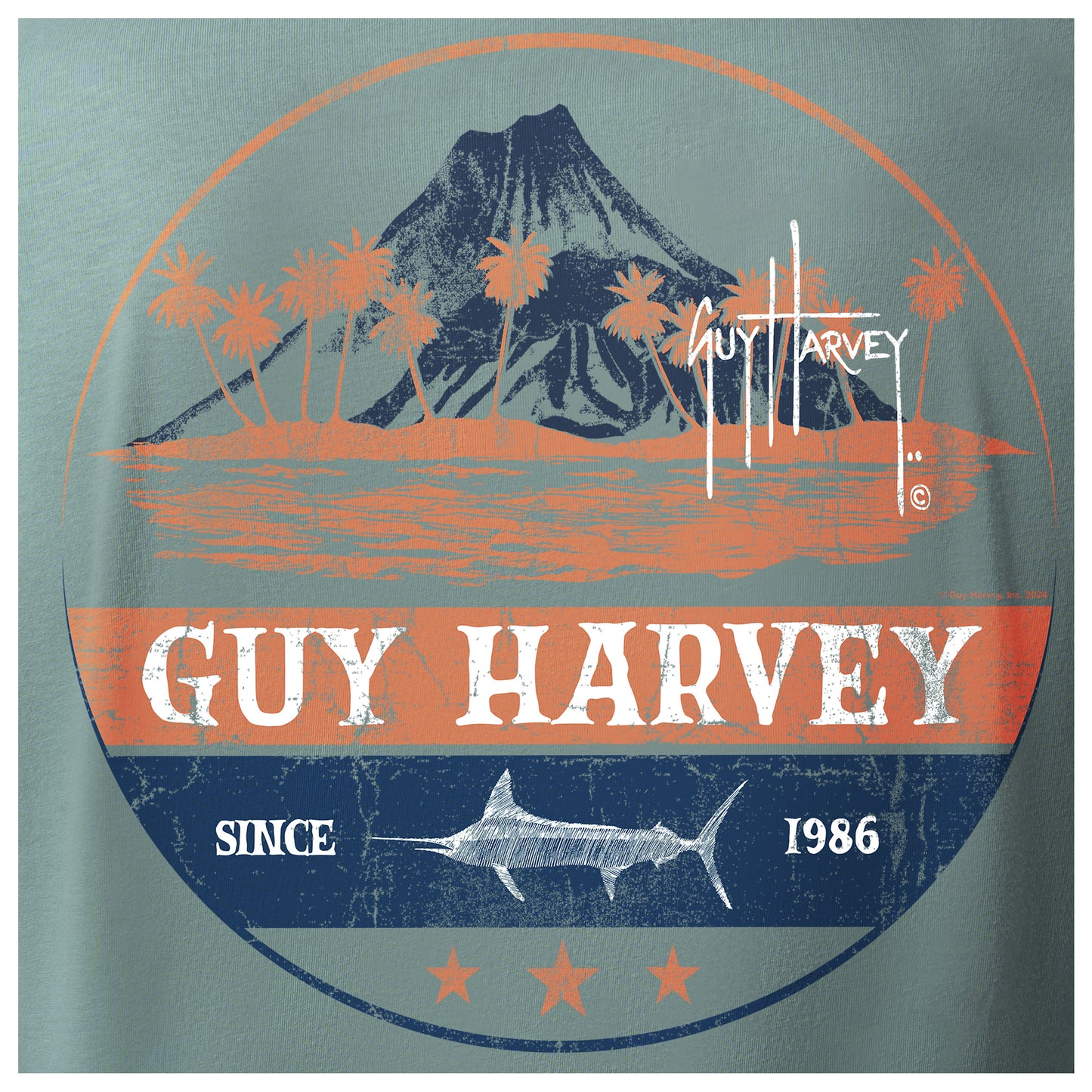 Detailed view of volcano island badge artwork on back of Guy Harvey Men’s Long Sleeve T-Shirt