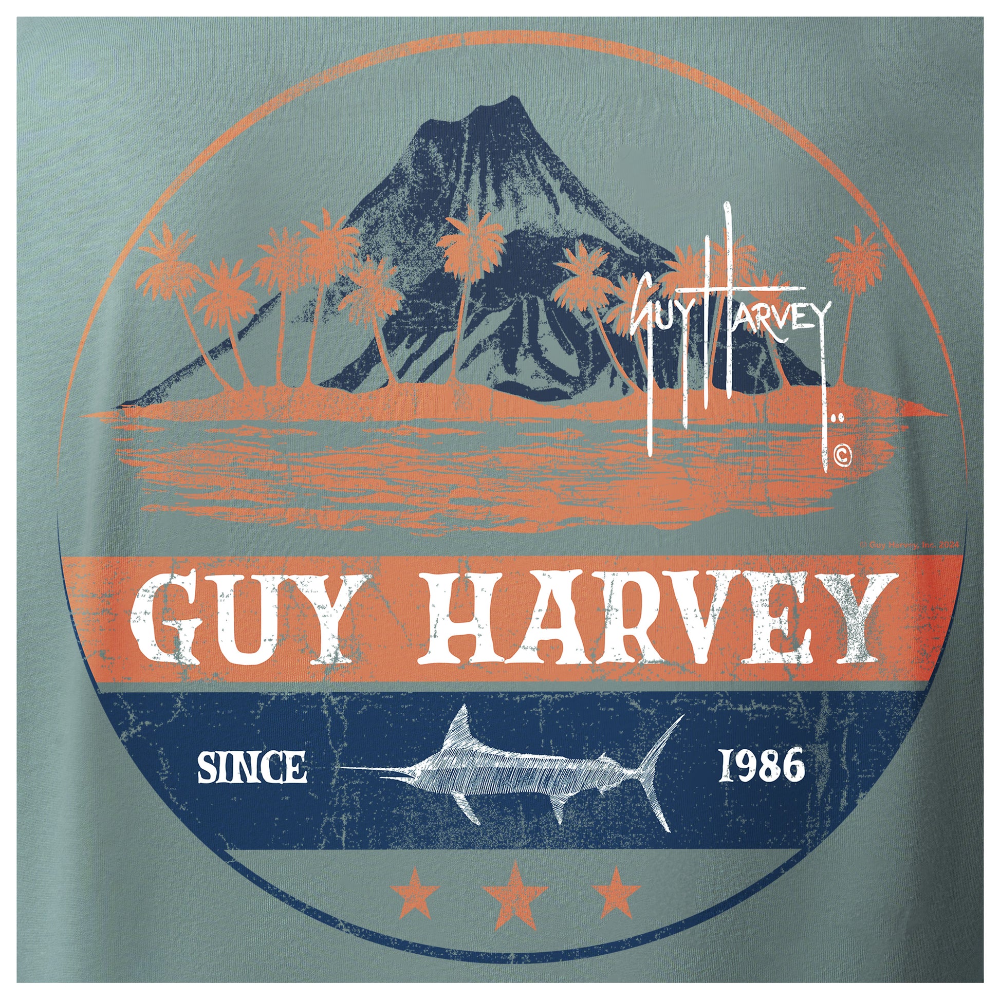 Detailed view of volcano island badge artwork on back of Guy Harvey Men’s Long Sleeve T-Shirt