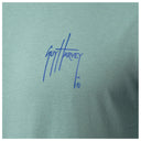 Close-up of chest Guy Harvey signature logo on Men’s Volcano Long Sleeve Tee