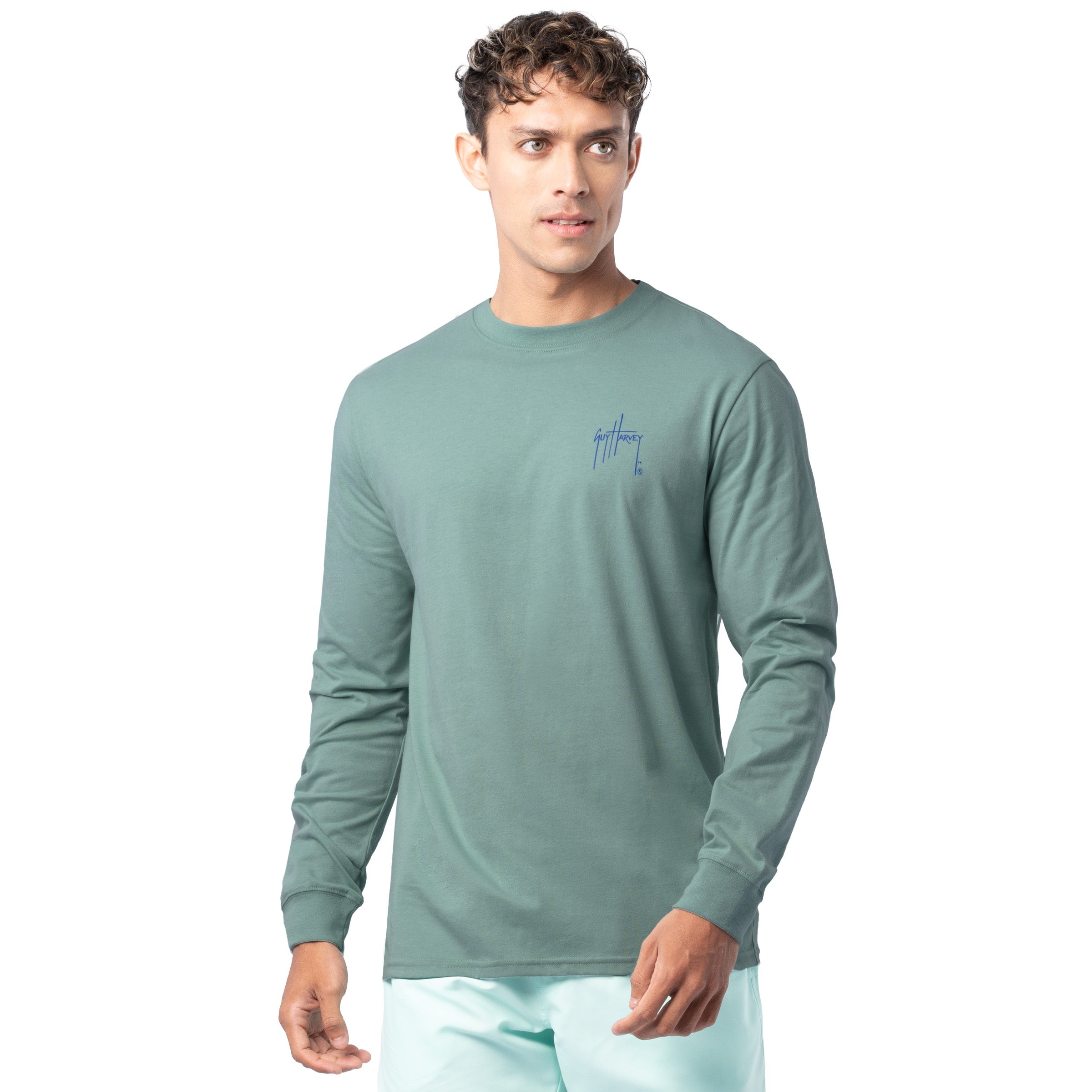 Front view of Guy Harvey Men’s Volcano Lightweight Long Sleeve T-Shirt in seafoam green