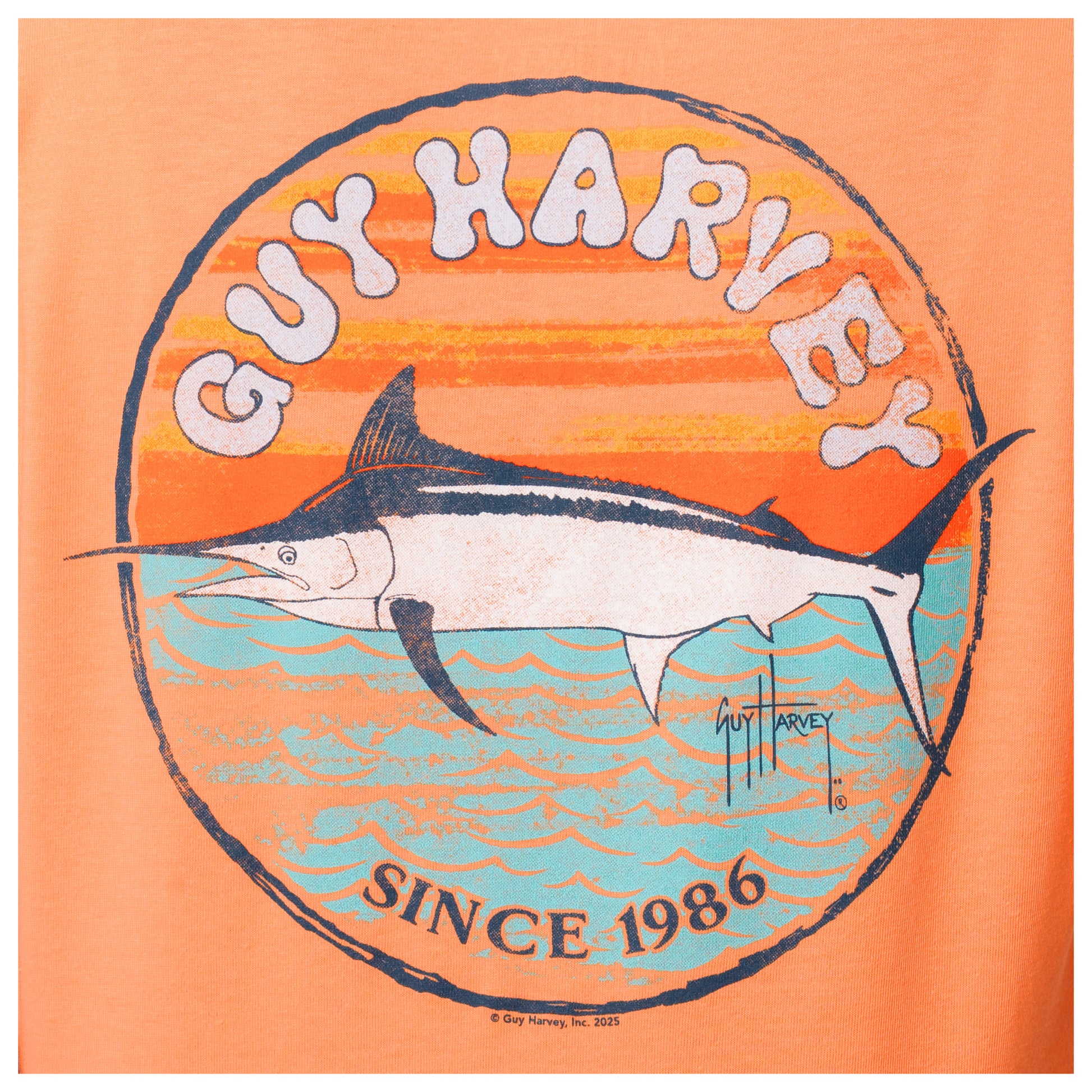 Detailed view of circular marlin artwork on the back of Guy Harvey Women’s V-Neck T-Shirt