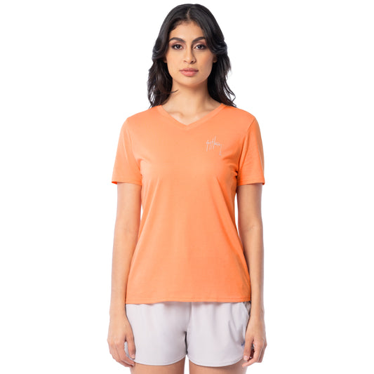 Front view of Guy Harvey Women’s Circle Marlin V-Neck Lightweight Short Sleeve T-Shirt in bright orange