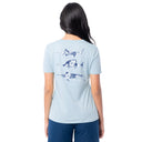 Back view of Guy Harvey Women’s Floral Bills V-Neck Tee with three billfish silhouettes filled with floral print artwork