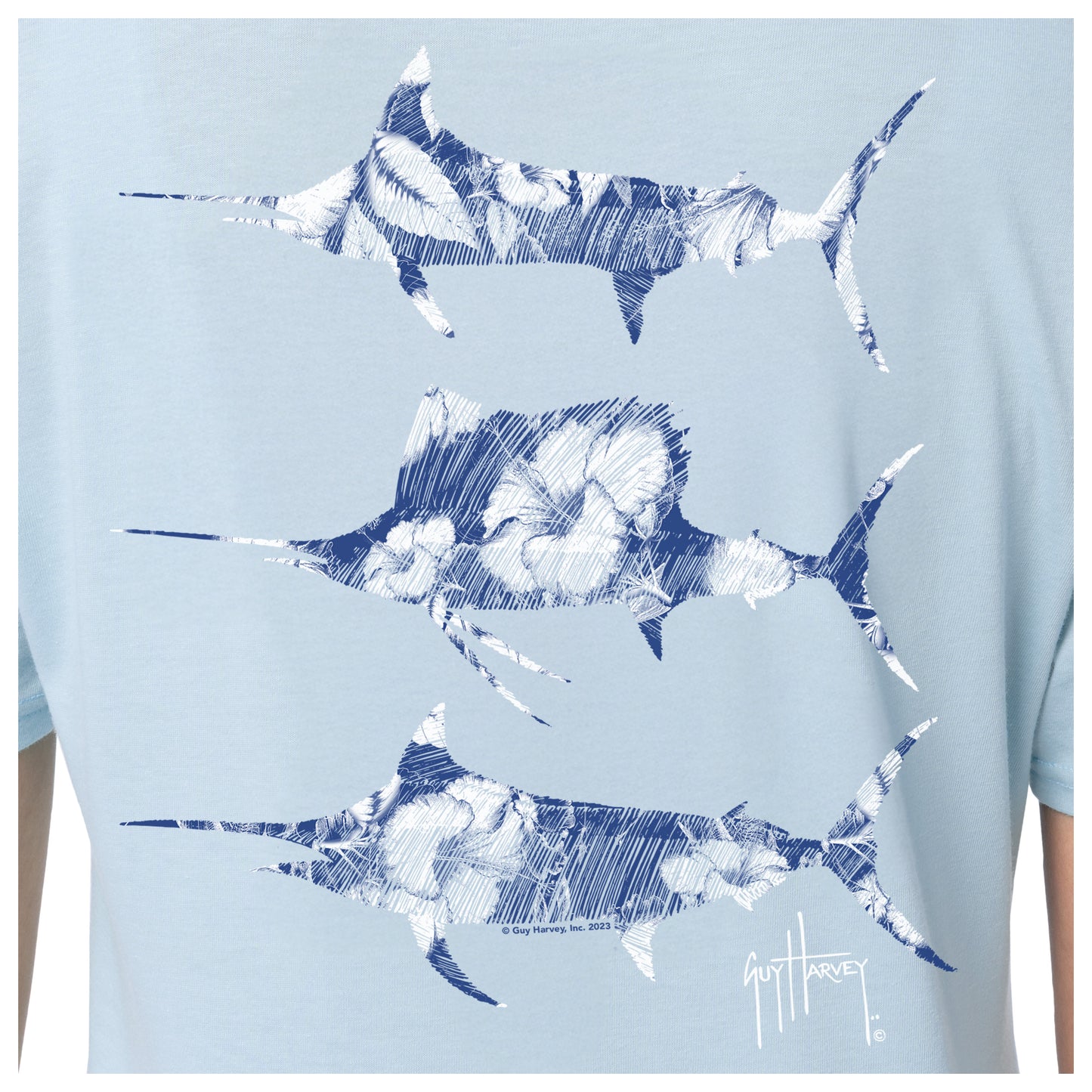 Detailed view of floral billfish artwork on back of Guy Harvey Women’s Floral Bills T-Shirt