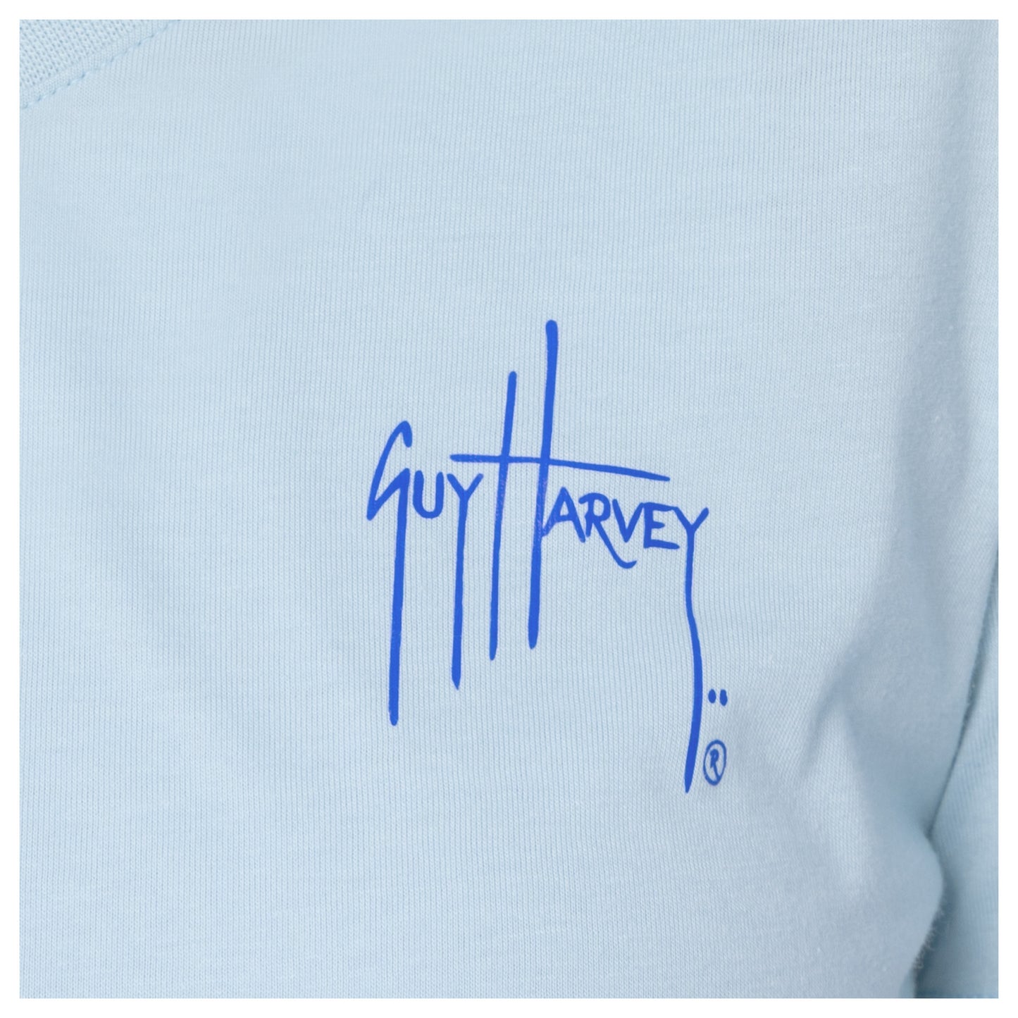 Close-up of left chest Guy Harvey signature logo on Women’s Floral Bills V-Neck Tee