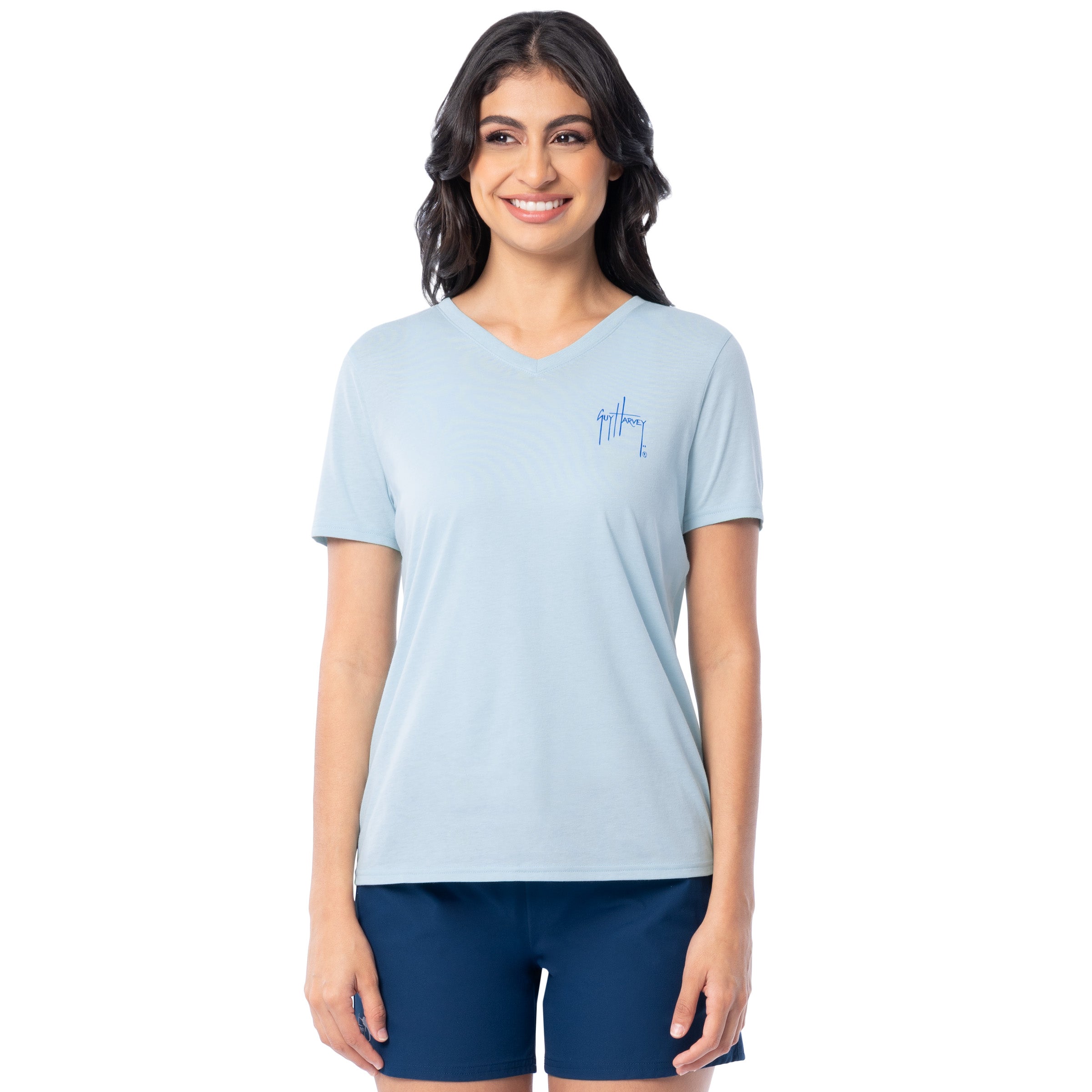 Front view of Guy Harvey Women’s Floral Bills V-Neck Lightweight Short Sleeve T-Shirt in light blue