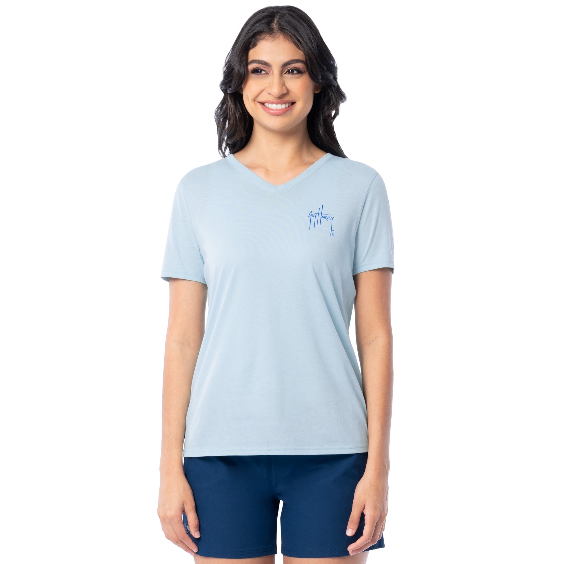 Front view of Guy Harvey Women’s Floral Bills V-Neck Lightweight Short Sleeve T-Shirt in light blue