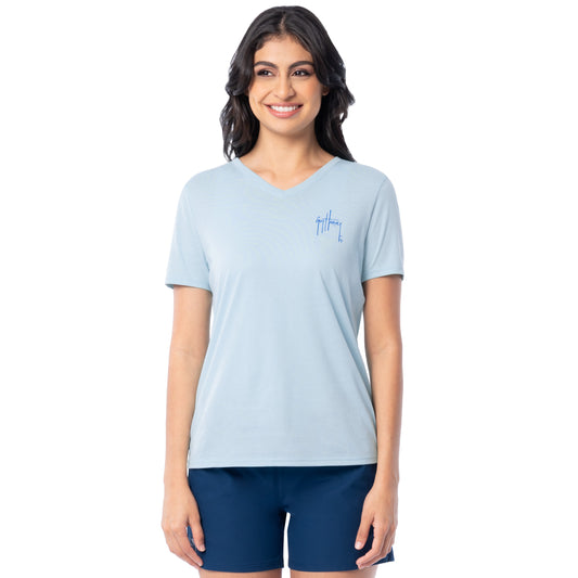 Front view of Guy Harvey Women’s Floral Bills V-Neck Lightweight Short Sleeve T-Shirt in light blue