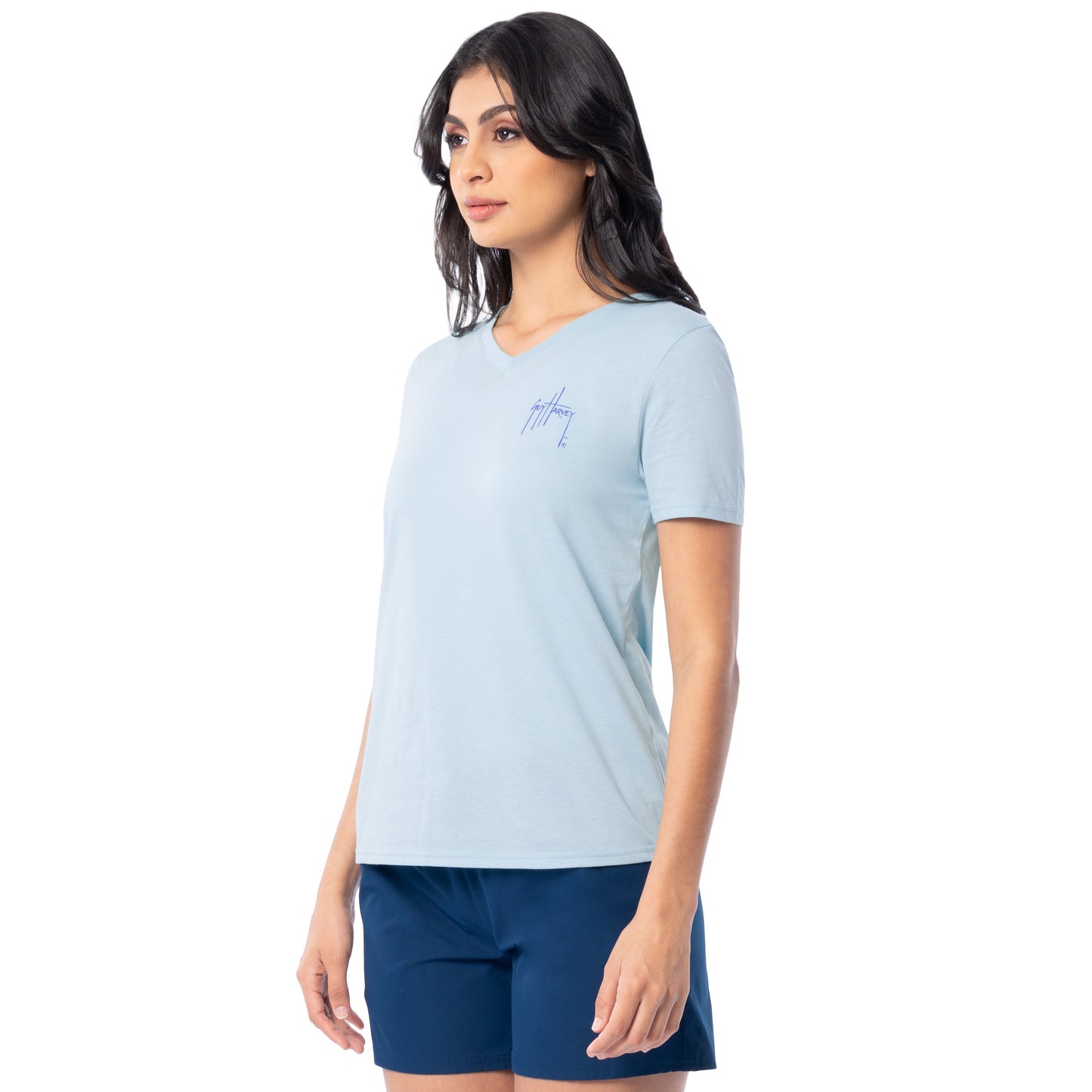 Side profile of Guy Harvey Women’s Floral Bills Lightweight V-Neck T-Shirt showing relaxed fit