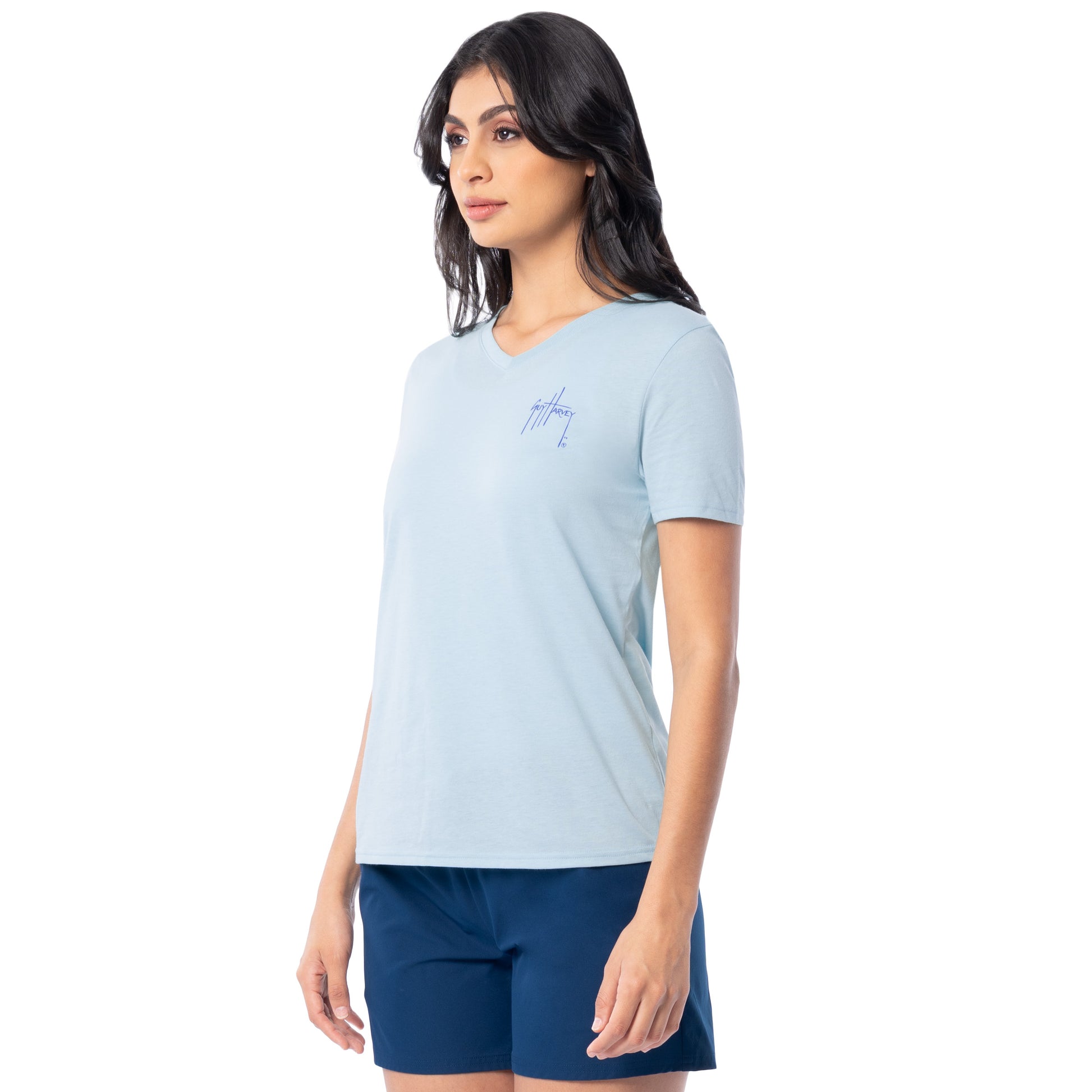 Side profile of Guy Harvey Women’s Floral Bills Lightweight V-Neck T-Shirt showing relaxed fit