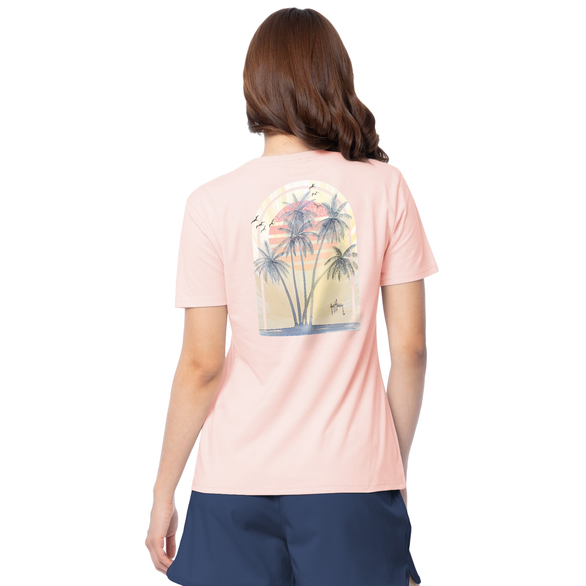 Back view of Guy Harvey Women’s Palm Breeze V-Neck Tee with palm tree and sunset graphic artwork