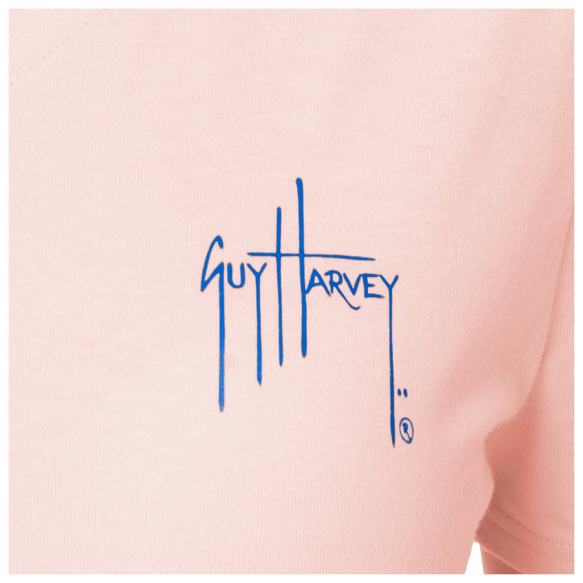 Close-up of left chest Guy Harvey signature logo on Palm Breeze V-Neck Tee