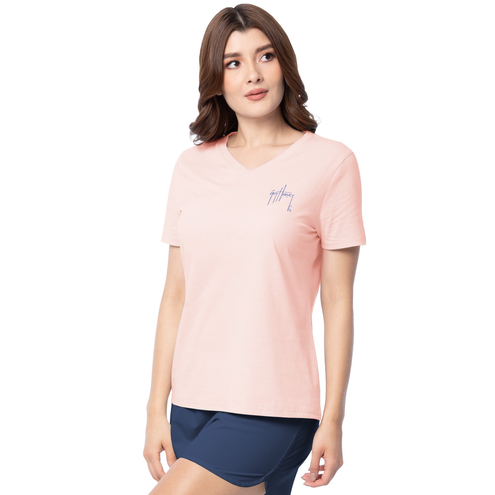 Side profile of Guy Harvey Women’s Palm Breeze Lightweight V-Neck T-Shirt showing relaxed fit