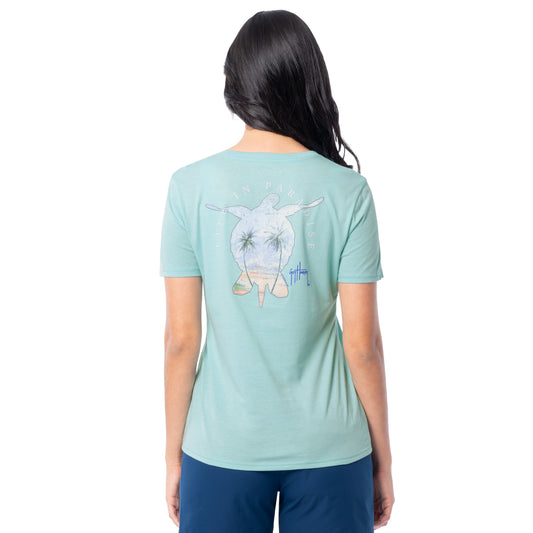 Back view of Guy Harvey Women’s Paradise Turtle V-Neck Tee with palm tree turtle artwork