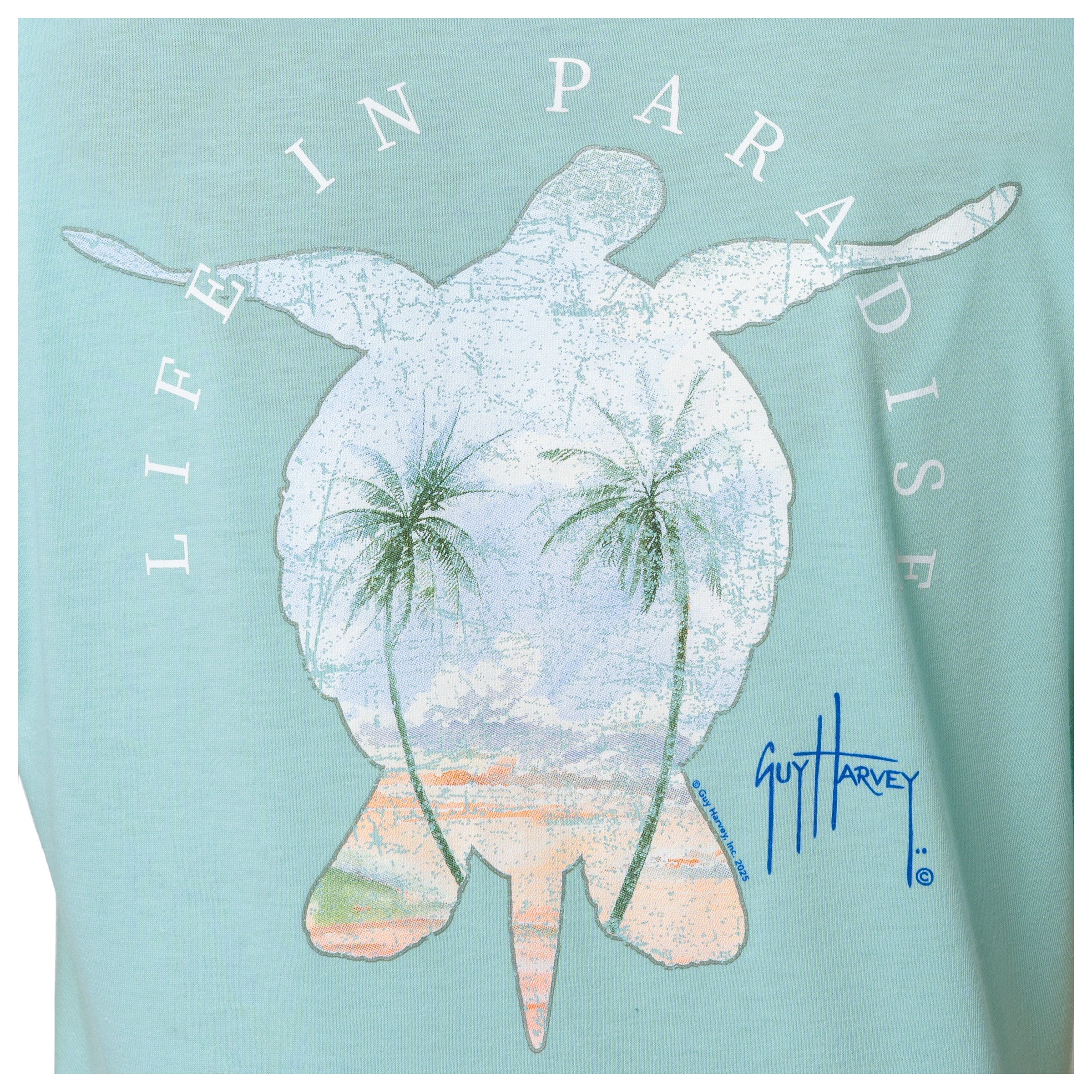 Turtle and palm tree artwork detail on Guy Harvey Women’s Paradise V-Neck Tee