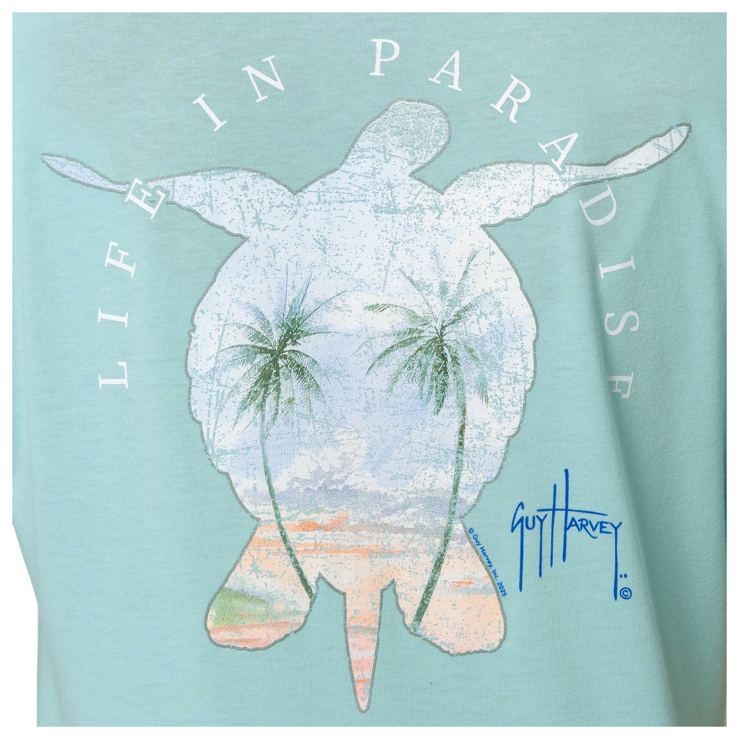 Turtle and palm tree artwork detail on Guy Harvey Women’s Paradise V-Neck Tee