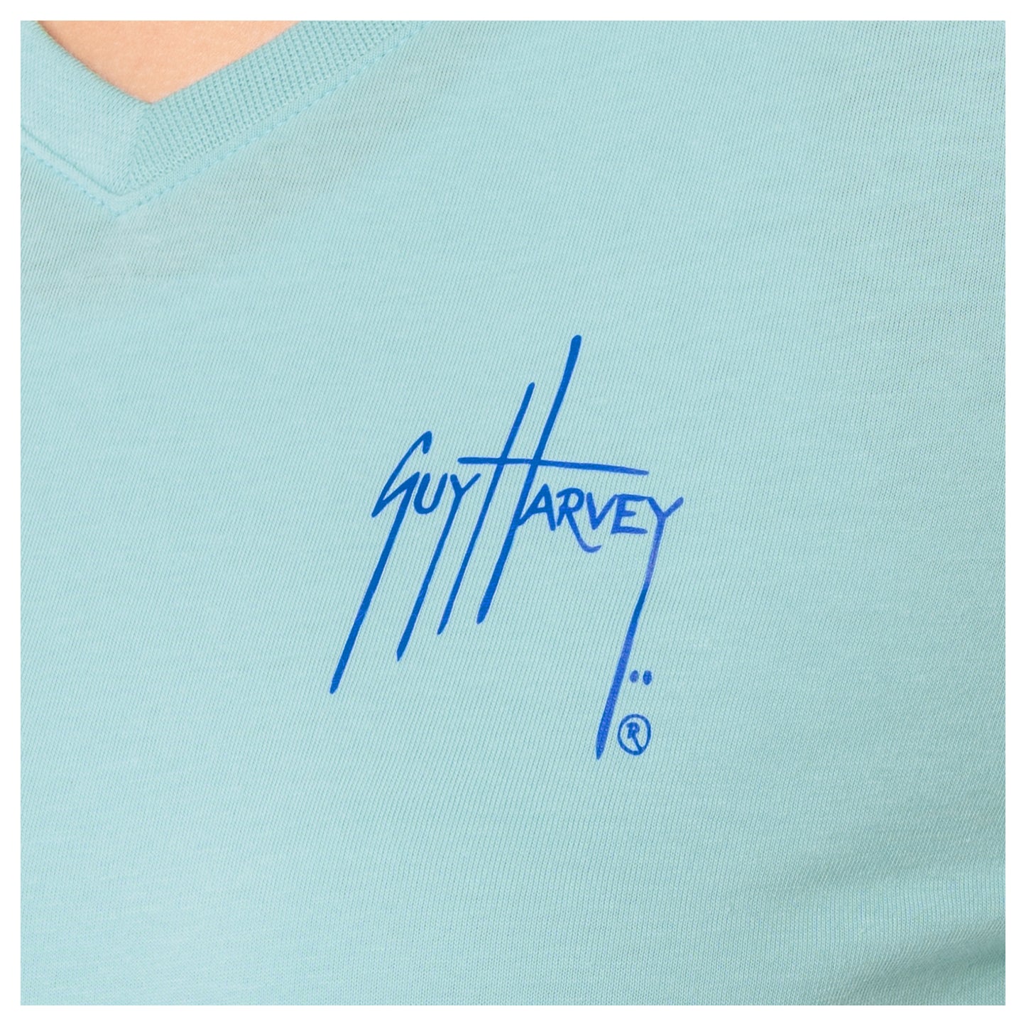 Chest logo detail on Guy Harvey Women’s Paradise Turtle V-Neck T-Shirt