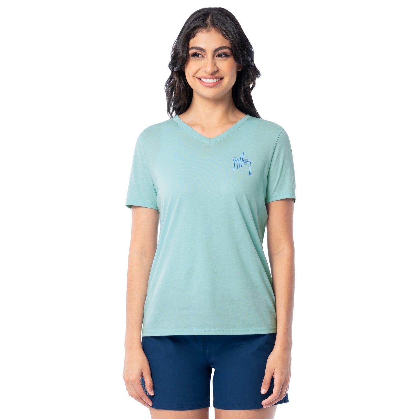 Front view of Guy Harvey Women’s Paradise Turtle V-Neck T-Shirt
