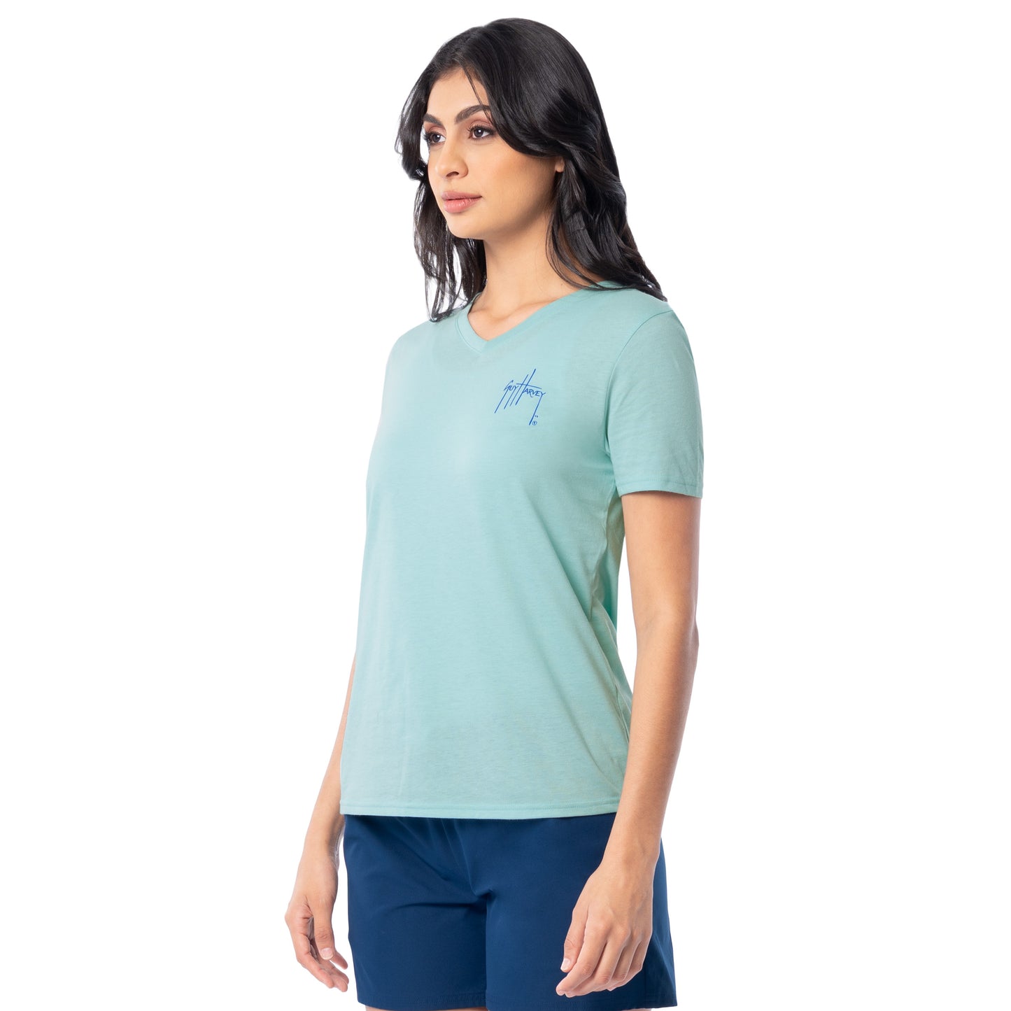 Side profile of Guy Harvey Women’s Paradise Turtle Lightweight V-Neck T-Shirt
