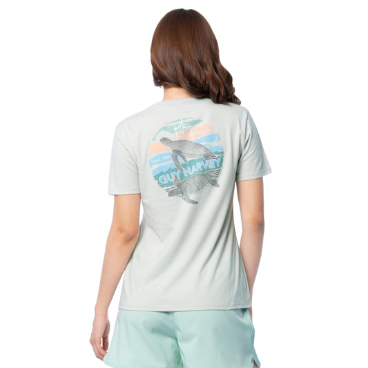 Back view with sea turtle artwork on Guy Harvey Women’s V-Neck Tee