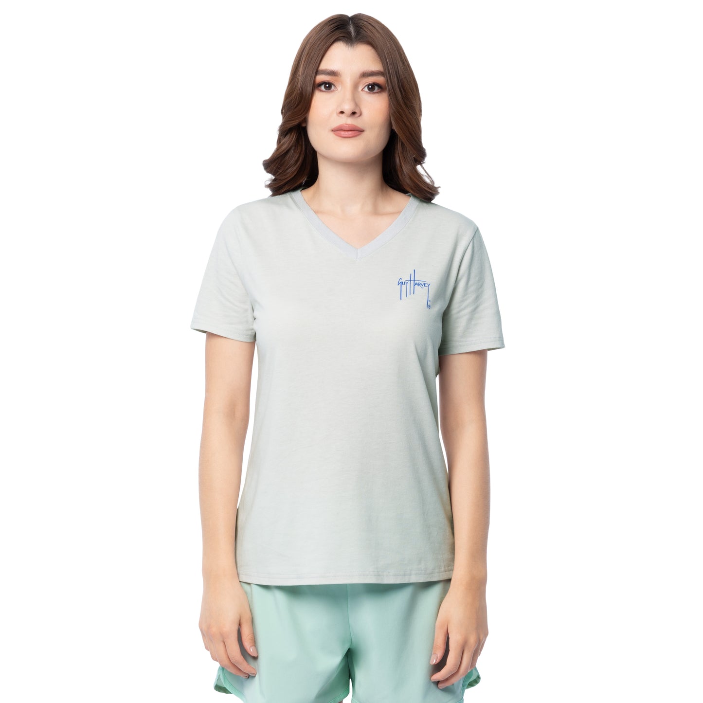 Front view of Guy Harvey Women’s Two Shells V-Neck T-Shirt