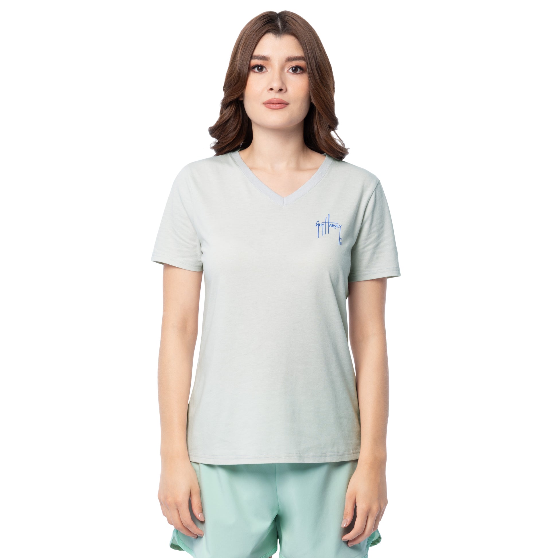 Front view of Guy Harvey Women’s Two Shells V-Neck T-Shirt