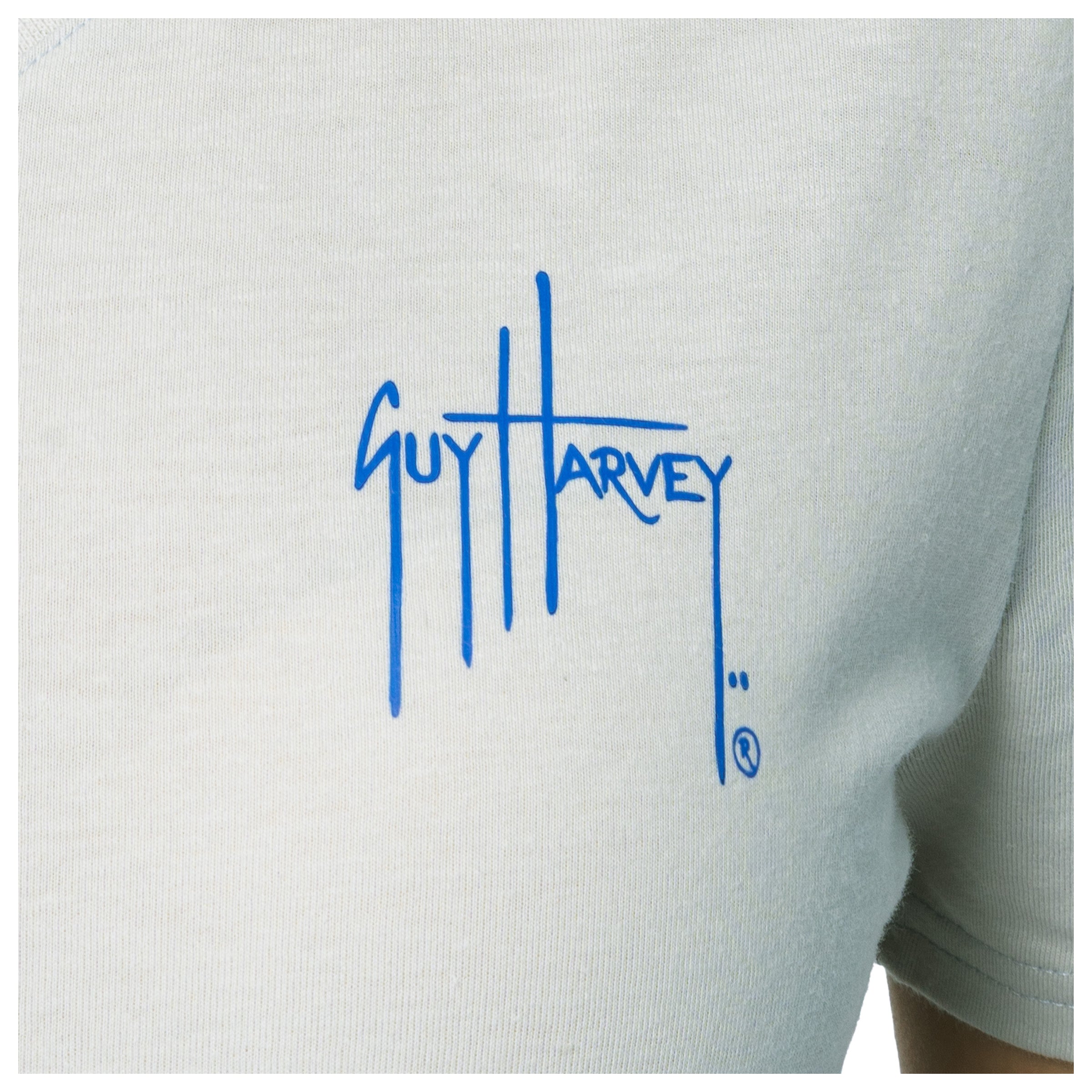 Light gray shirt with blue 'Guy Harvey' logo on a white background