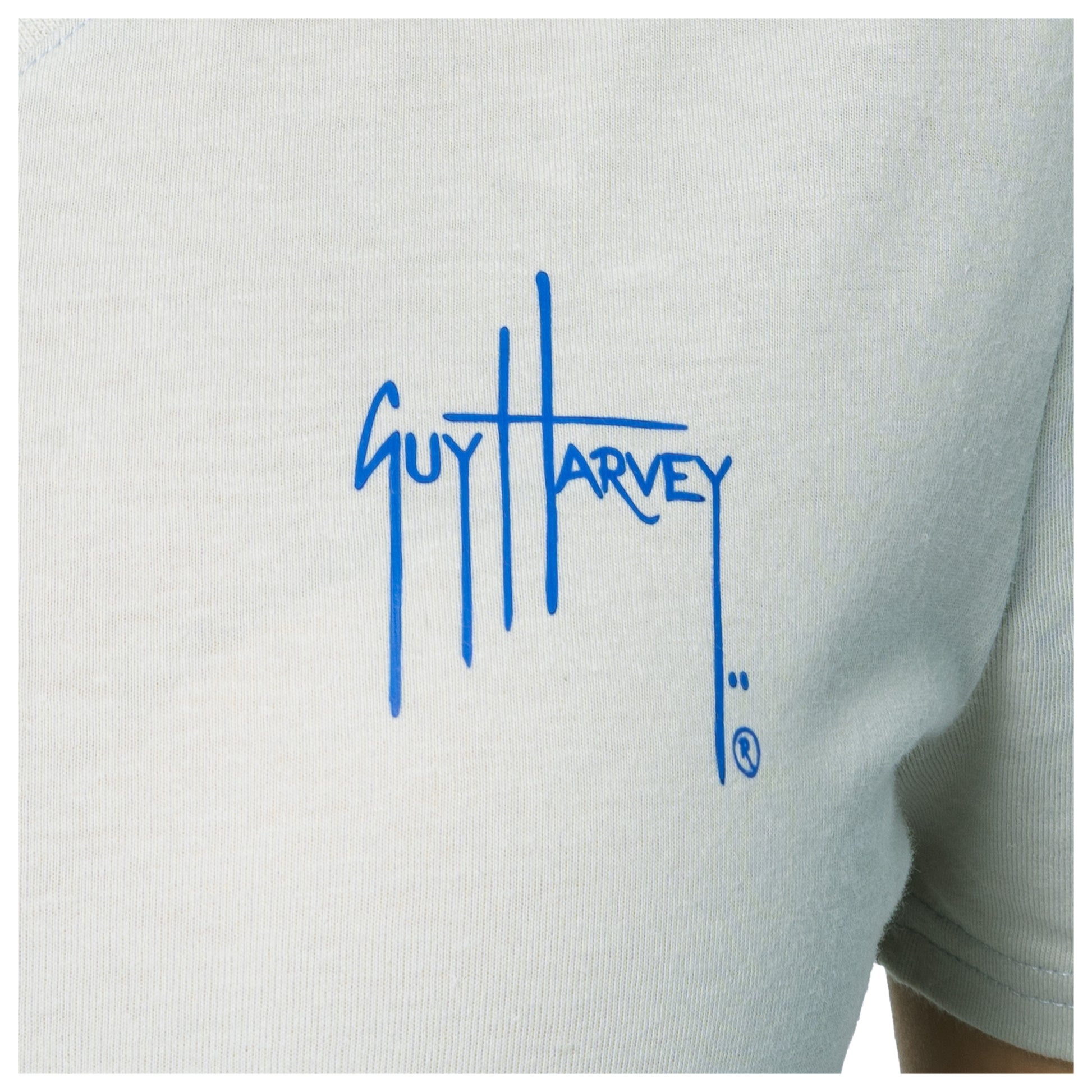 Light gray shirt with blue 'Guy Harvey' logo on a white background