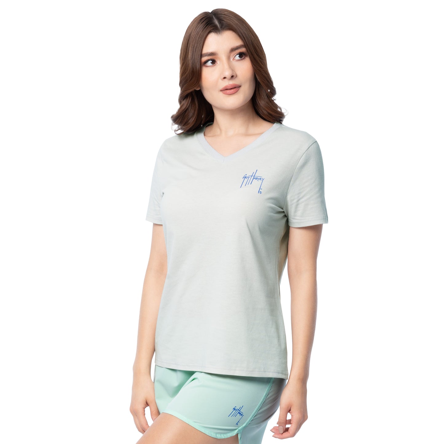 Side profile of Guy Harvey Women’s Two Shells Short Sleeve V-Neck T-Shirt