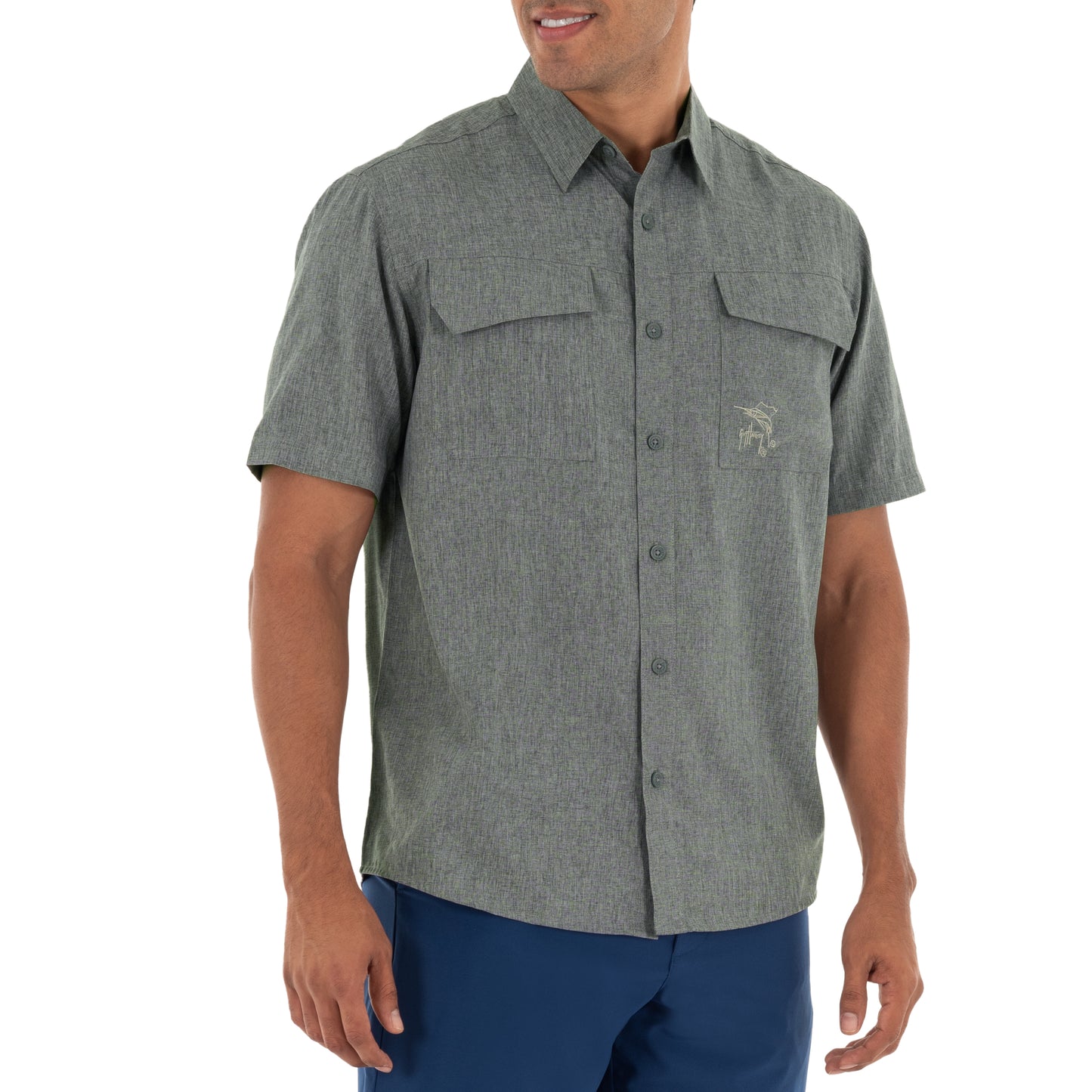 Men's Short Sleeve Heather Textured Cationic Grey Fishing Shirt