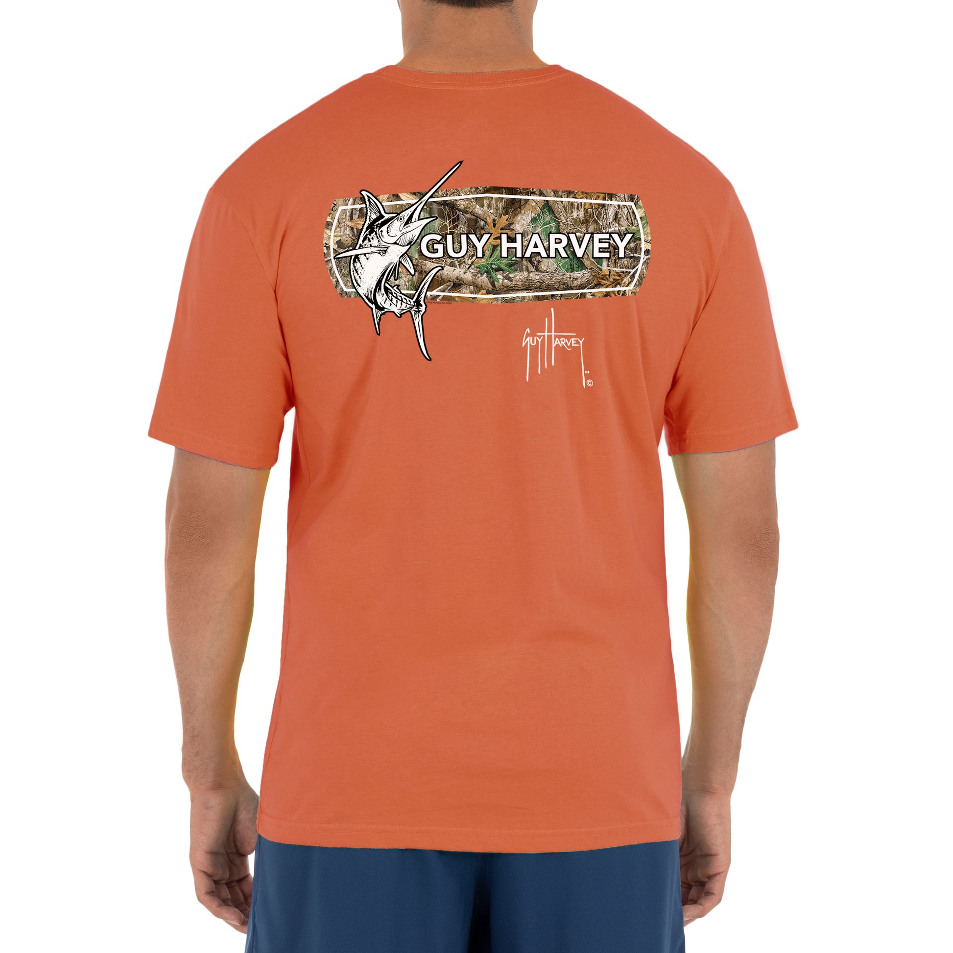 Guy Harvey Men's Jumping Marlin II Realtree Short Sleeve Pocket T-Shirt - Dusty Orange Small