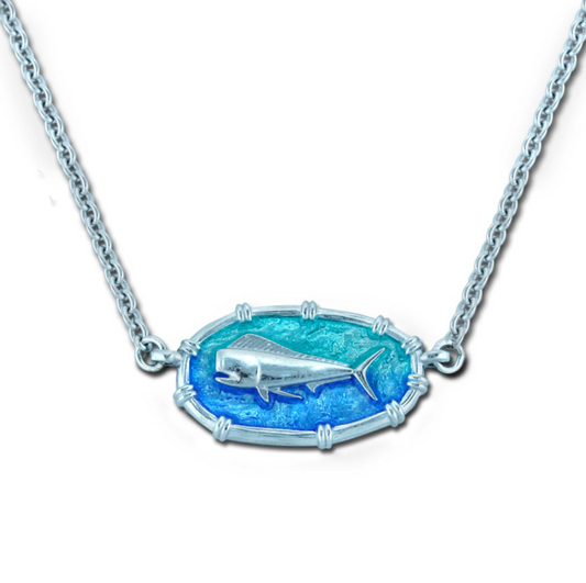 Ladies Dolphinfish Necklace Oval Bamboo - Enamel and Sterling Silver