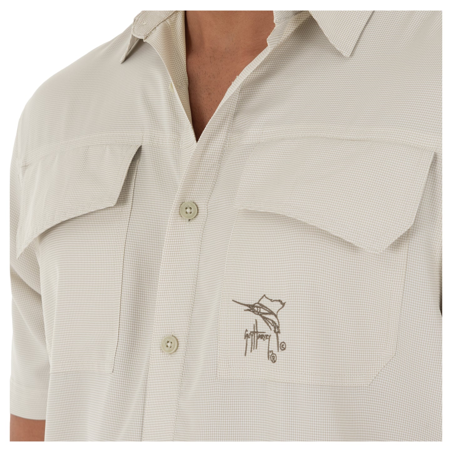 Men's Short Sleeve Texture Gingham Khaki Performance Fishing Shirt