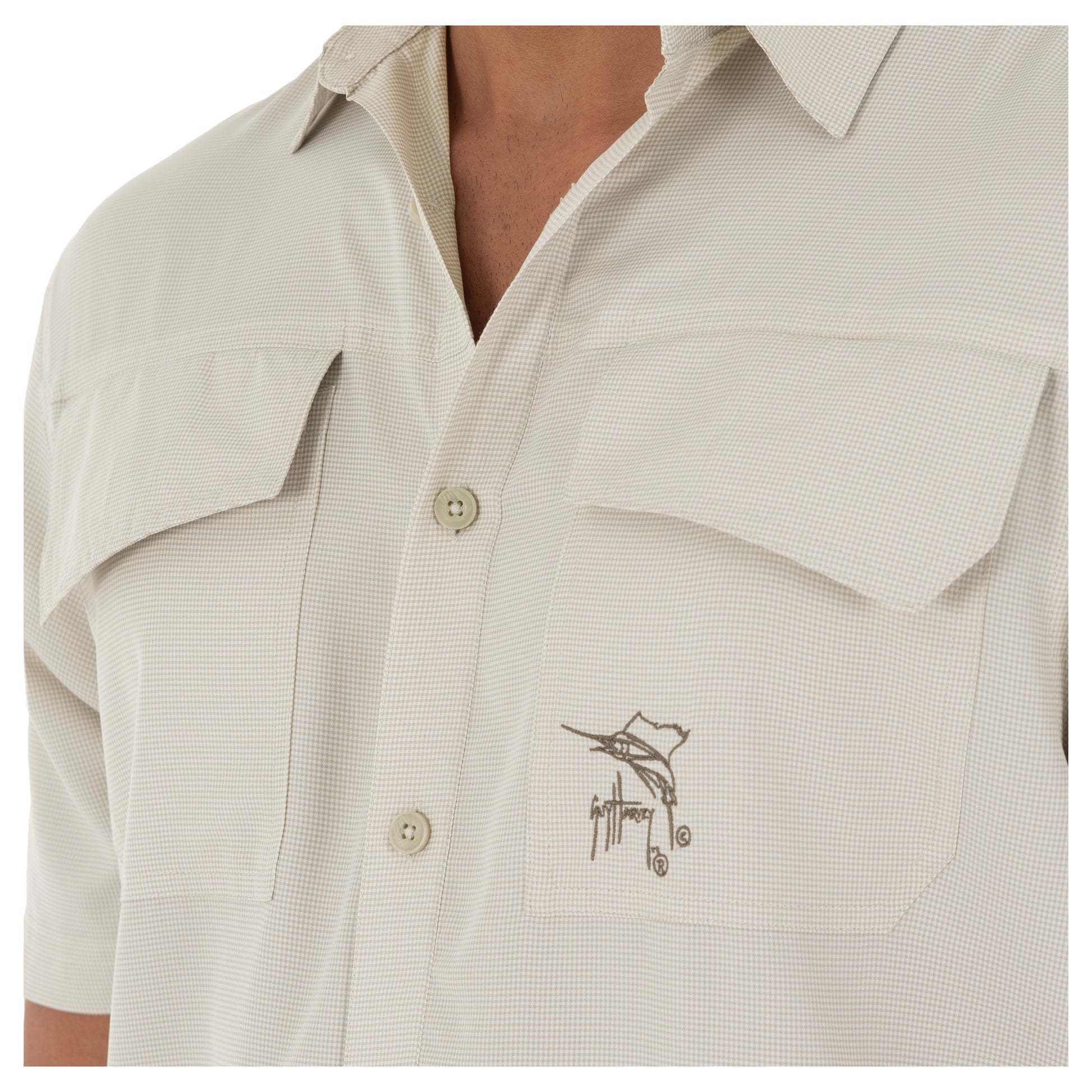 Men's Short Sleeve Texture Gingham Khaki Performance Fishing Shirt View 3