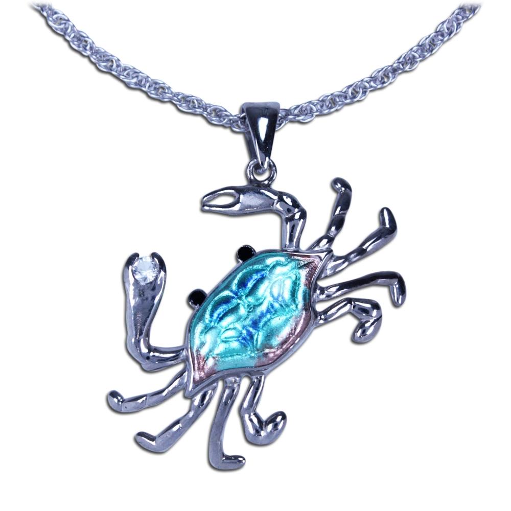 Blue Crab Necklace with White Topaz and 18 Inch Chain