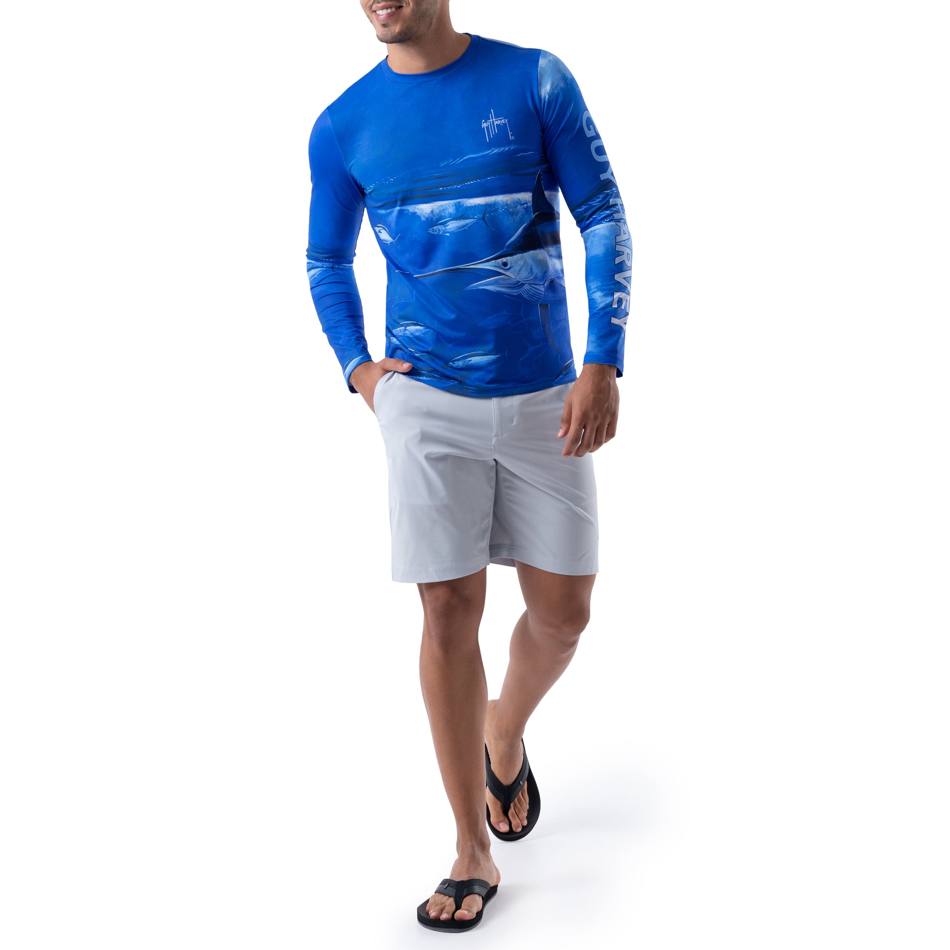 Guy Harvey | Men's Marlin Wrap Long Sleeve Sun Protection Shirt, Medium