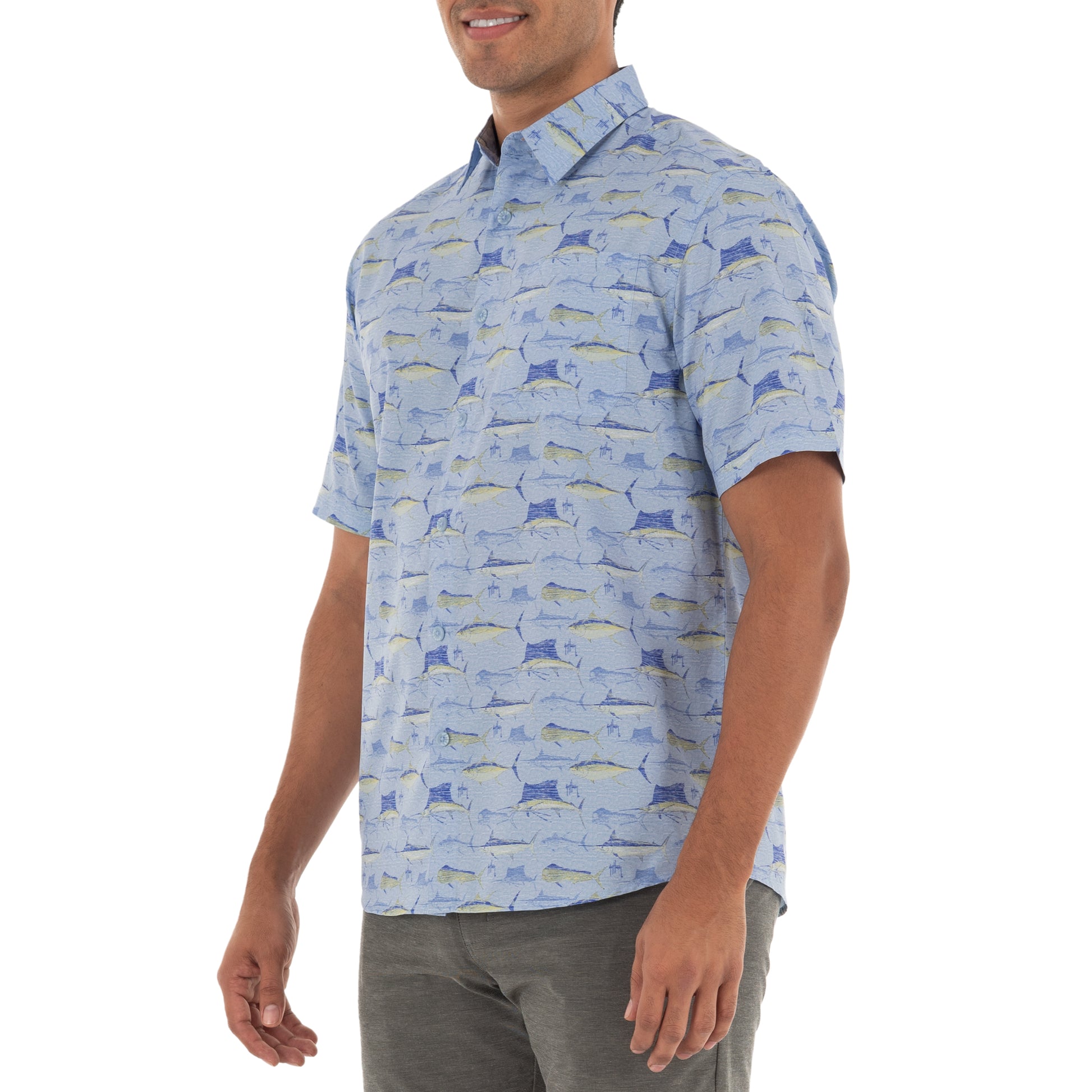 Men's Scribble Short Sleeve Blue Fishing Shirt View 6