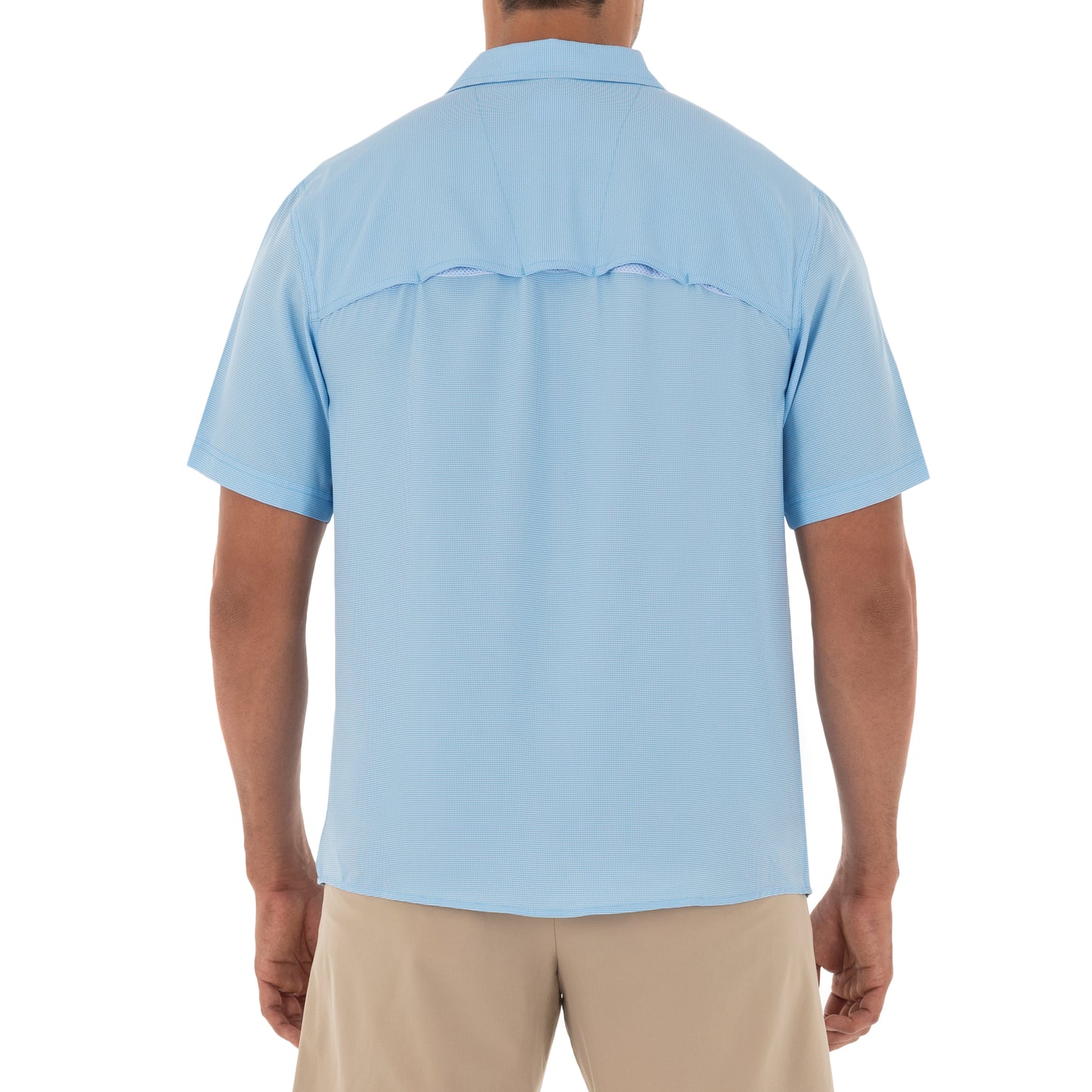 Men's Short Sleeve Texture Gingham Blue Performance Fishing Shirt