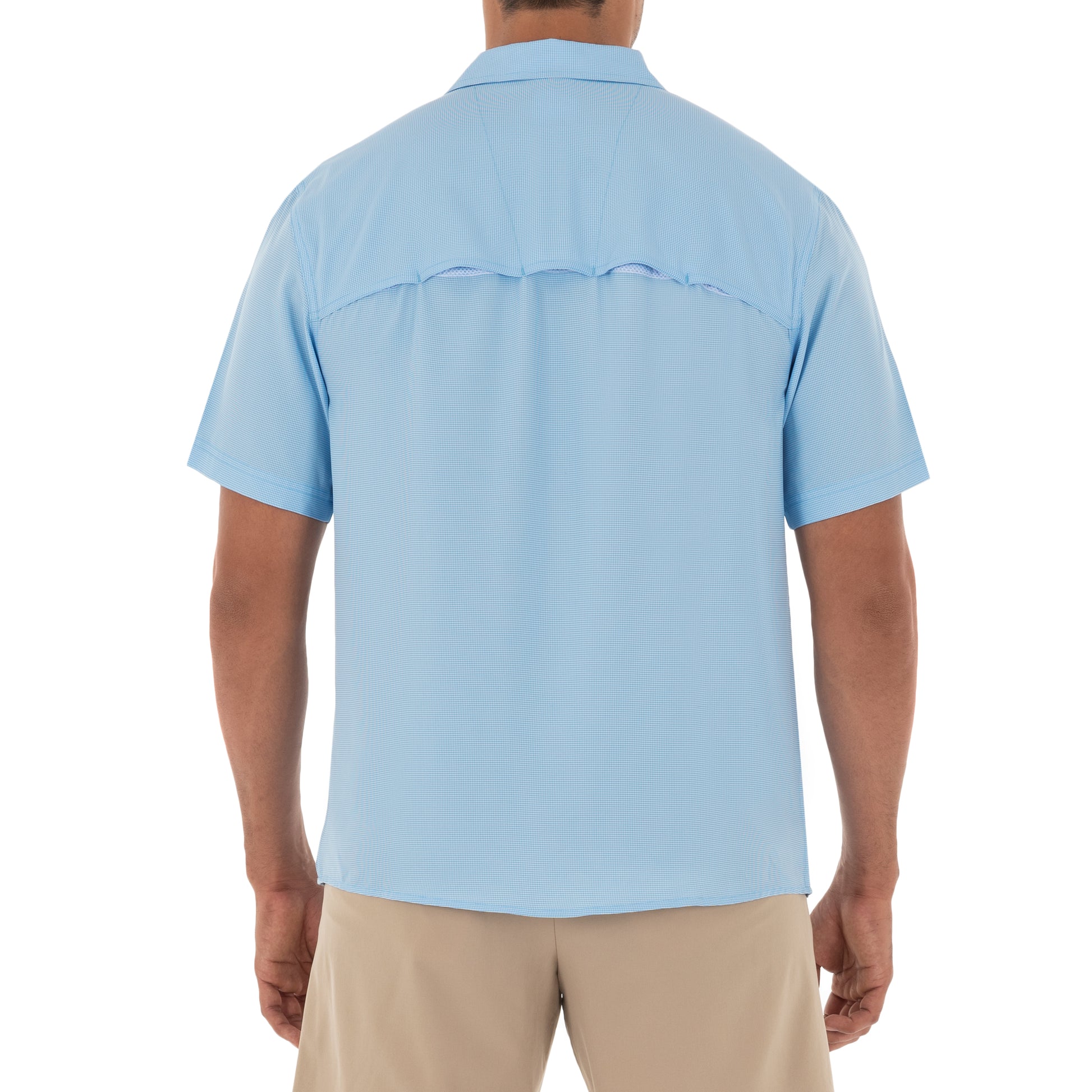Men's Short Sleeve Texture Gingham Blue Performance Fishing Shirt View 4