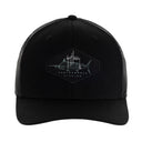 A black trucker hat with a mesh back and a sublimated patch on the crown featuring Guy Harvey's Marlin Sketch drawing and his signature.