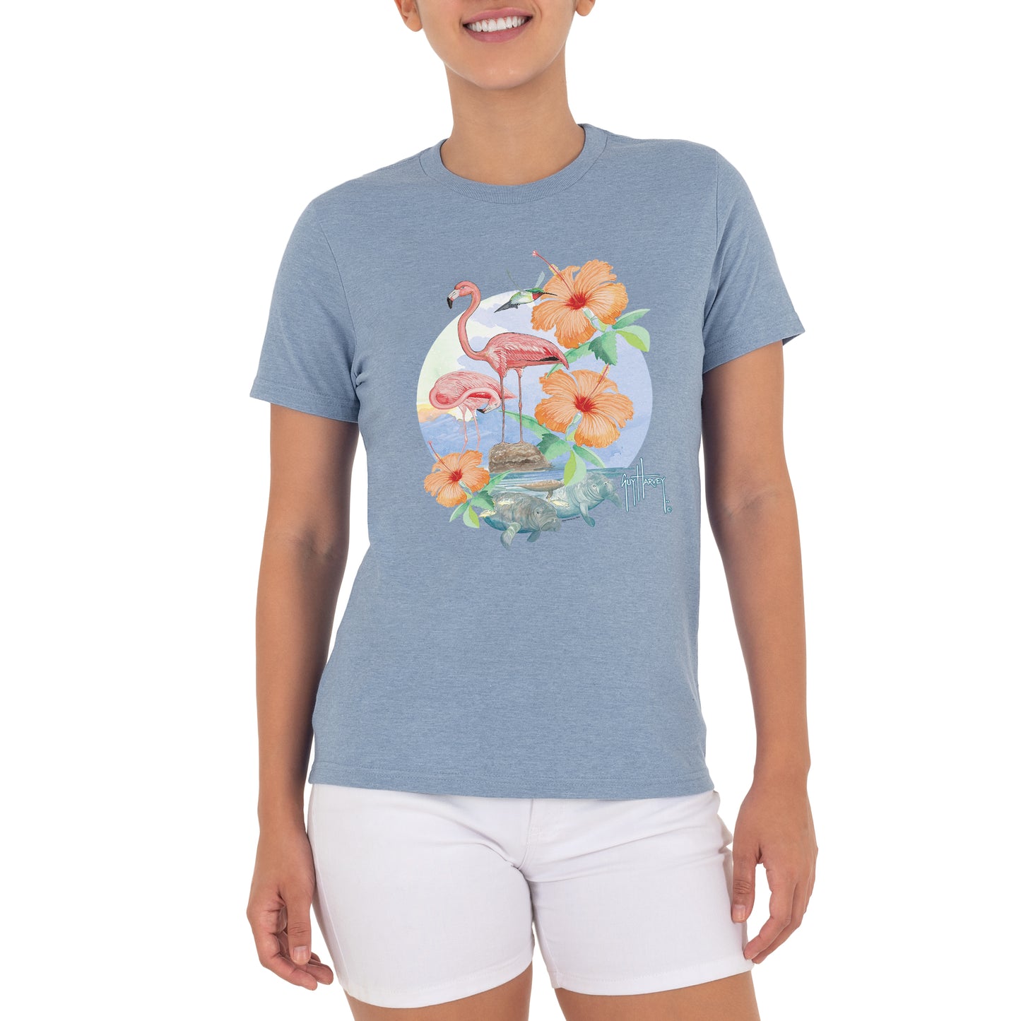 Ladies Flamingos & Friends Short Sleeve Blue T-Shirt View 1