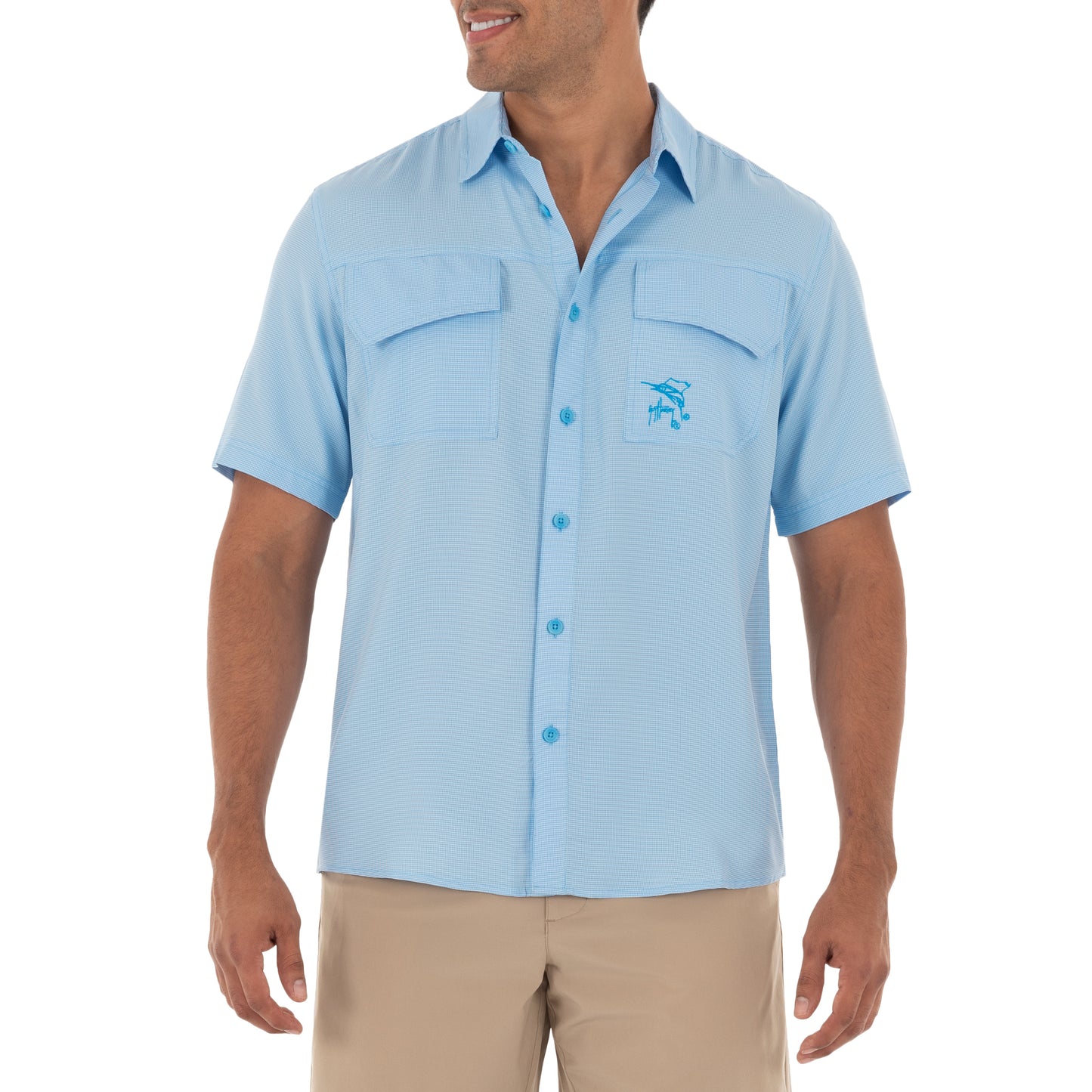Guy Harvey | Men's Short Sleeve Texture Gingham Blue Performance Fishing Shirt, Medium
