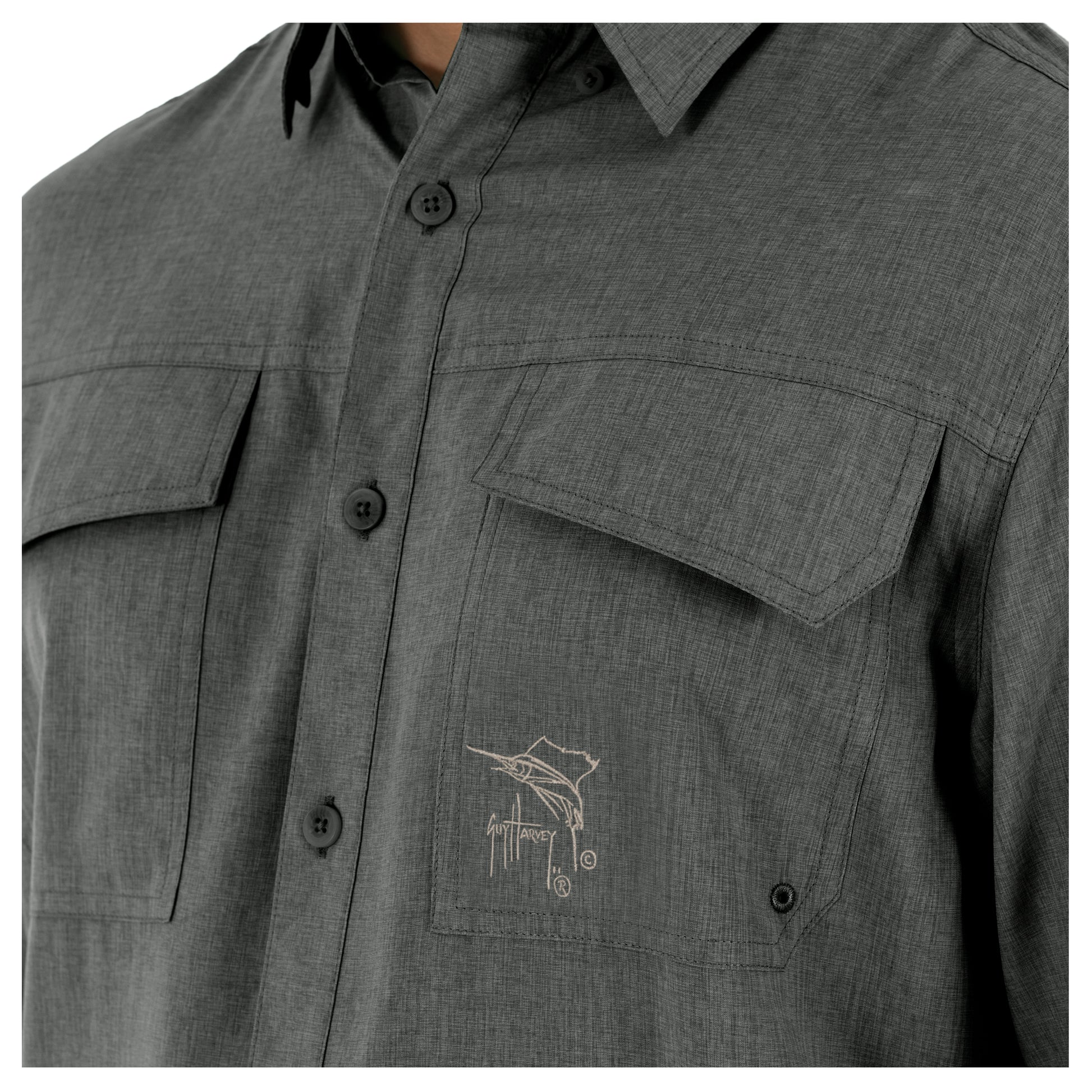 Guy Harvey | Men's Long Sleeve Heather Textured Cationic Grey Fishing Shirt, 2XL